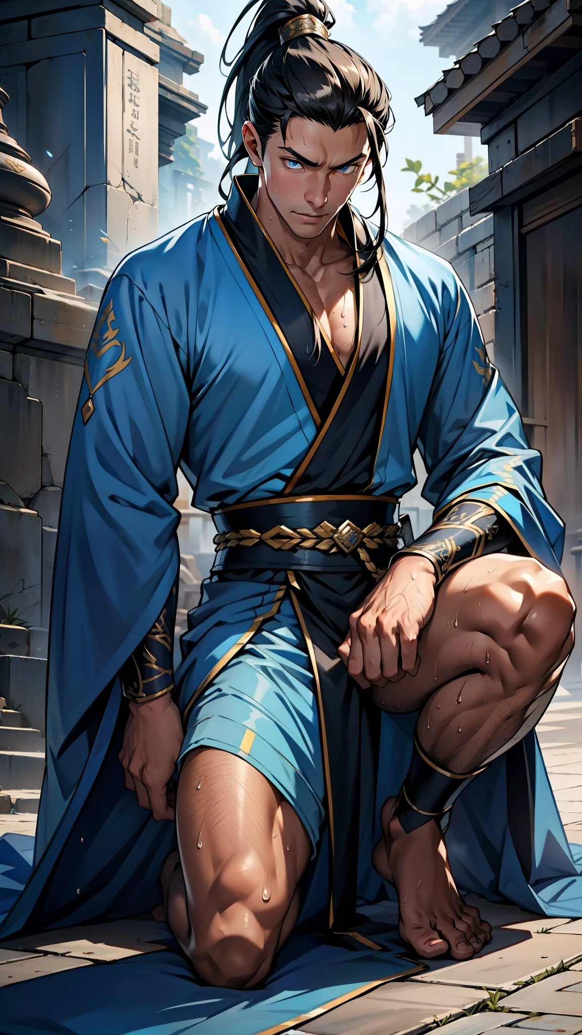 high quality，Best picture quality，Ultra-clear，Level Lighting，Ultra Detailed，Ray Tracing，individual（Young men），Handsome，（Youthful feeling），Black long hair，High Ponytail Hairstyle，blue eyes，Perfect male body，Wearing a blue ancient robe，kneel，Sweaty crotch