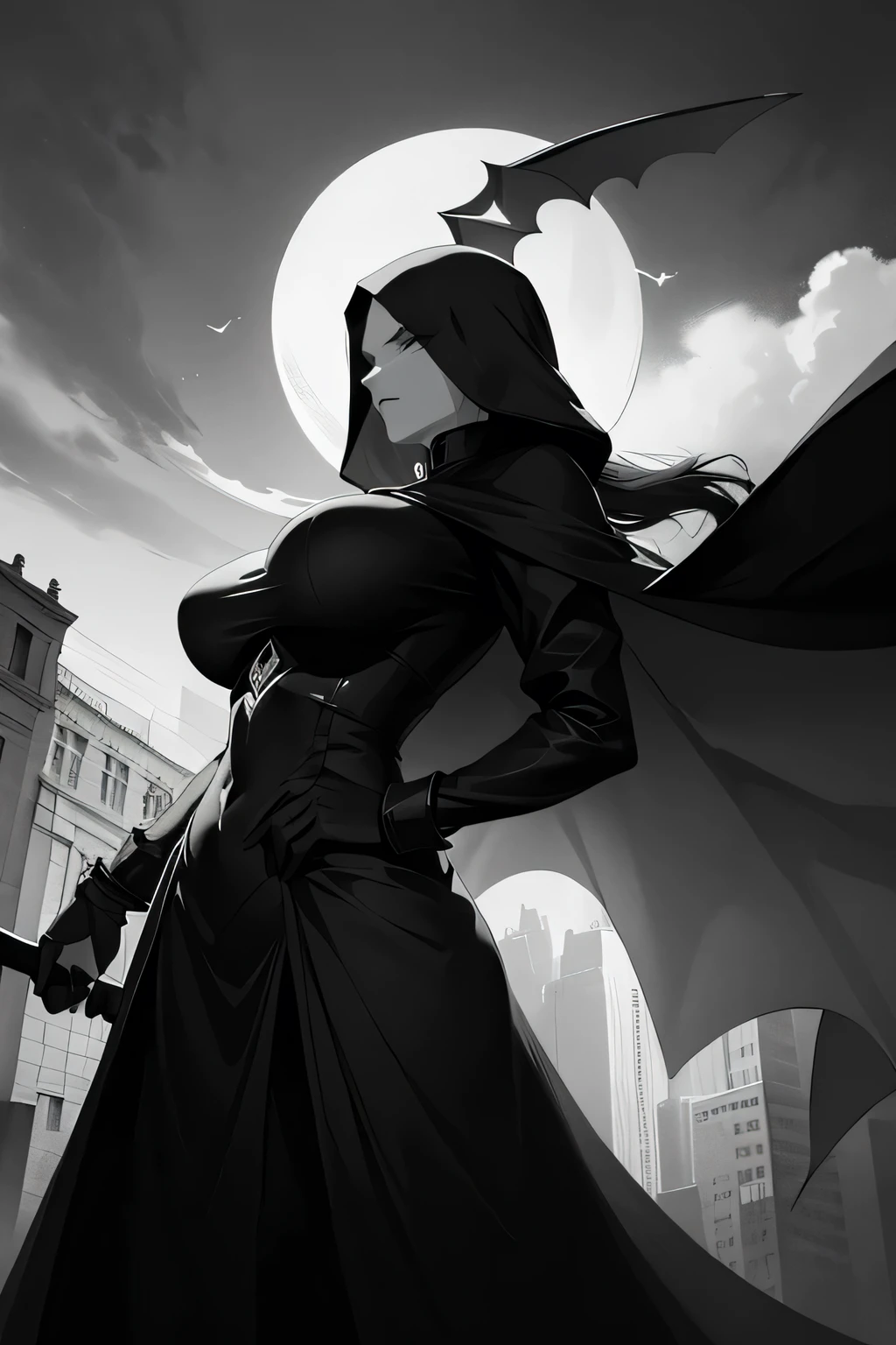 (Monochrome and Grayscale: 1.2), Lone Figure, Late Night Urban Landscape, Towering Scythe, (Crescent Moon: 1.2), Pallid Countenance, Fully Veiled in Dark Cloak, Gigantic Bust, Statuesque and Commanding, Full-Length Portrait, Front View from Below, Ominous and Dramatic Lighting, Breasts Concealed by Wide Mantle, Shrouded Mystery.