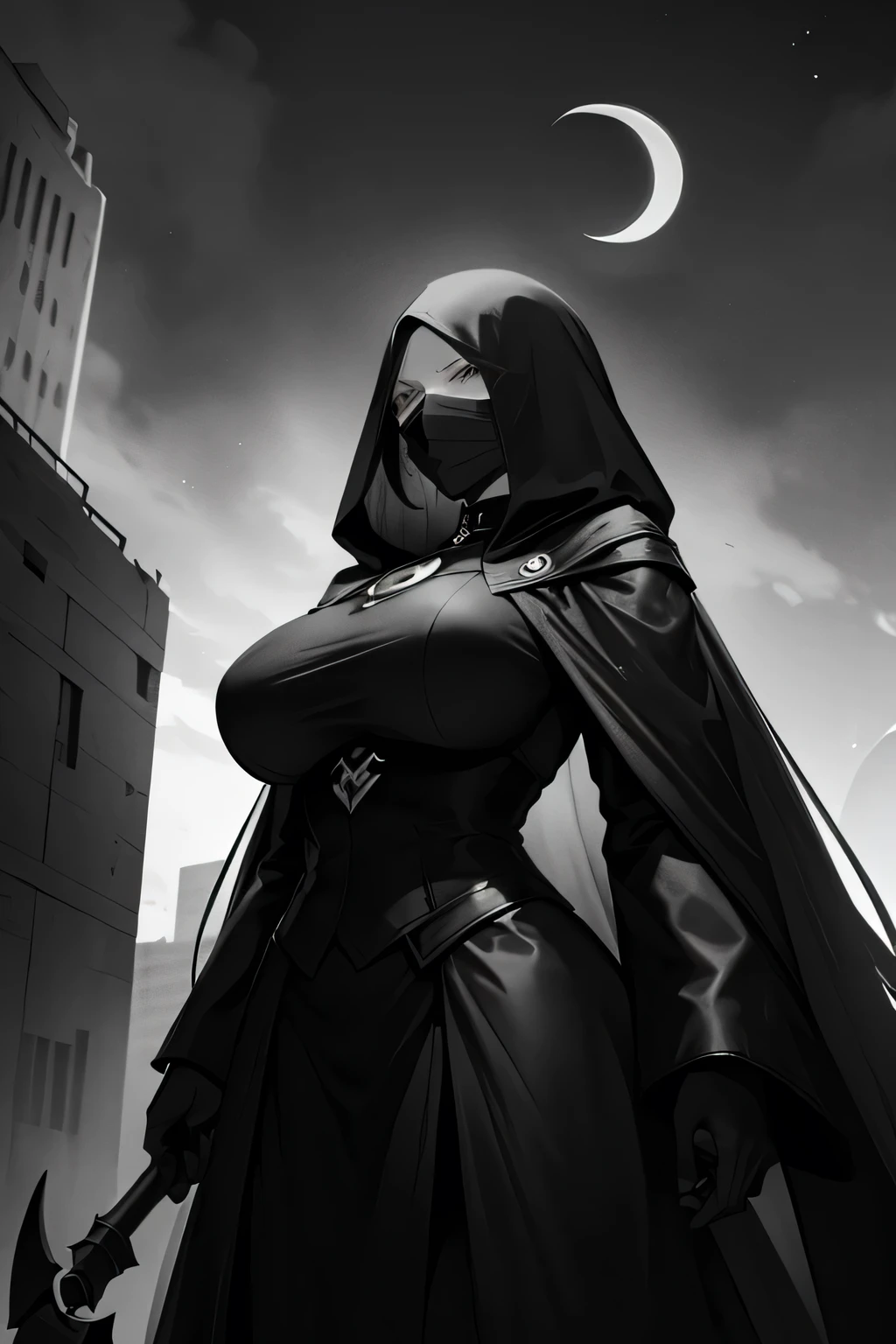 (Monochrome and Grayscale: 1.2), Lone Figure, Late Night Urban Landscape, Towering Scythe, (Crescent Moon: 1.2), Pallid Countenance, Fully Veiled in Dark Cloak, Gigantic Bust, Statuesque and Commanding, Full-Length Portrait, Front View from Below, Ominous and Dramatic Lighting, Breasts Concealed by Wide Mantle, Shrouded Mystery.