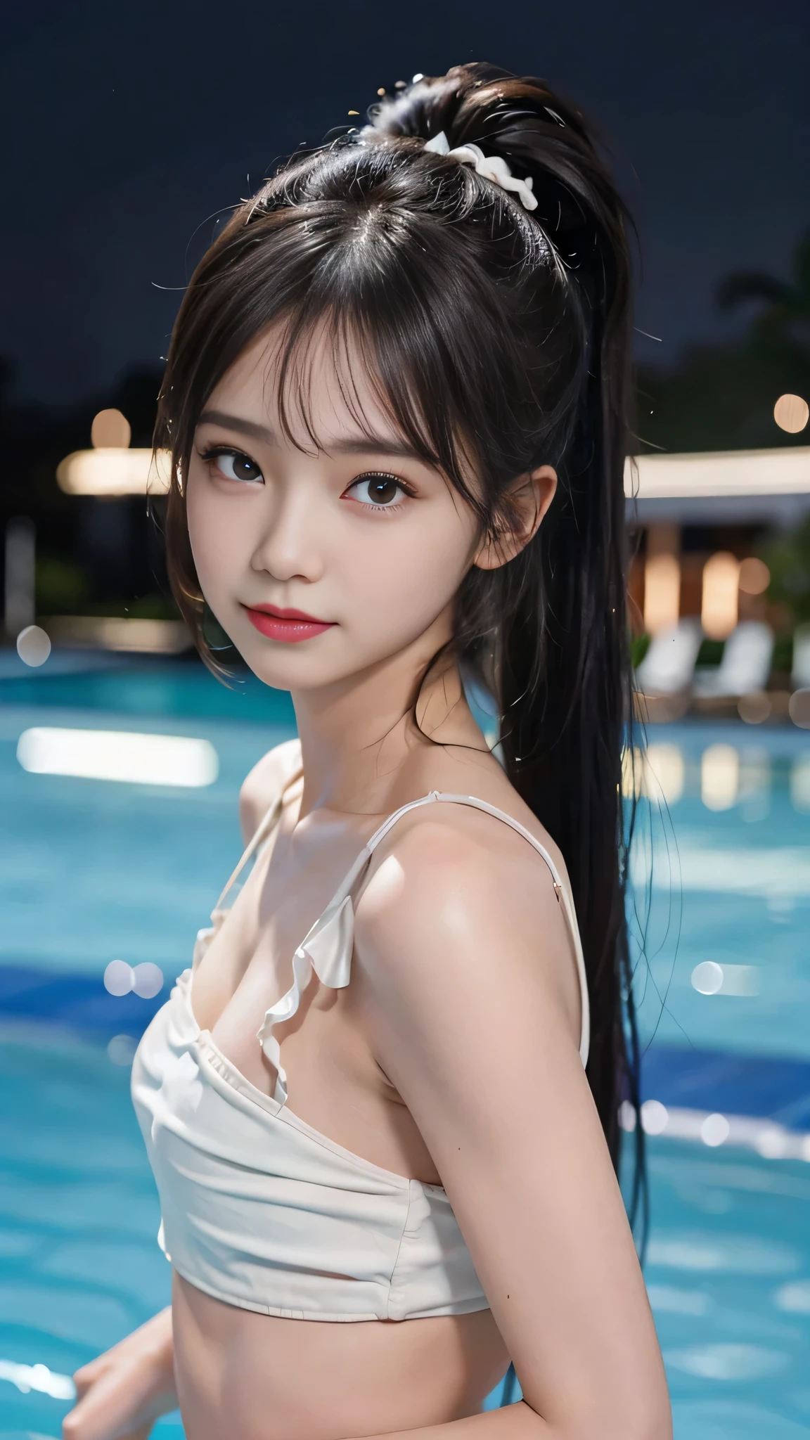 night,It's dark outside,Resort Pool lit up with neon lights at midnight,Ruffled bikini,Close up face,One woman,masutepiece, The highest image quality, High quality, the background is clear,Beautiful woman, Japanese, Detailed, Detailed eyes, Detailed skin, Beautiful skin, 超hight resolution, (reality: 1.4),Very beautiful woman, Slightly younger face, Beautiful skin, slender, (Ultra photo realsisim), (hight resolution), (8K), (Very detailed) (beautifully detailed eyes), (super detailed), (Detailed face), view the viewer, Fine details, Detailed face, Staring straight ahead, Staring straight ahead, photos realistic, Bright lighting, Professional Lighting, Black hair,poneyTail,a baby face,fifteen years old,Hairstyle: ponytail,Long ponytail hairstyle,slight smile,neat and tidy clothing,Beautiful Japanese KPOP idol photo, hair style is ponytail, my eyes are double and wide, baby face, smile and look straight ahead, slender, small breasts,Close up face,