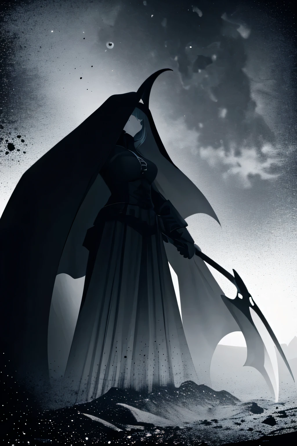 (Monochrome and Grayscale: 1.2), Lone Figure, Late Night Battlefield, Towering Scythe, (Crescent Moon: 1.2), Pallid Countenance, Fully Veiled in Dark Cloak, Gigantic Bust, Statuesque and Commanding, Full-Length Portrait, Front View from Below, Ominous and Dramatic Lighting, Breasts Concealed by Wide Mantle, Shrouded Mystery.