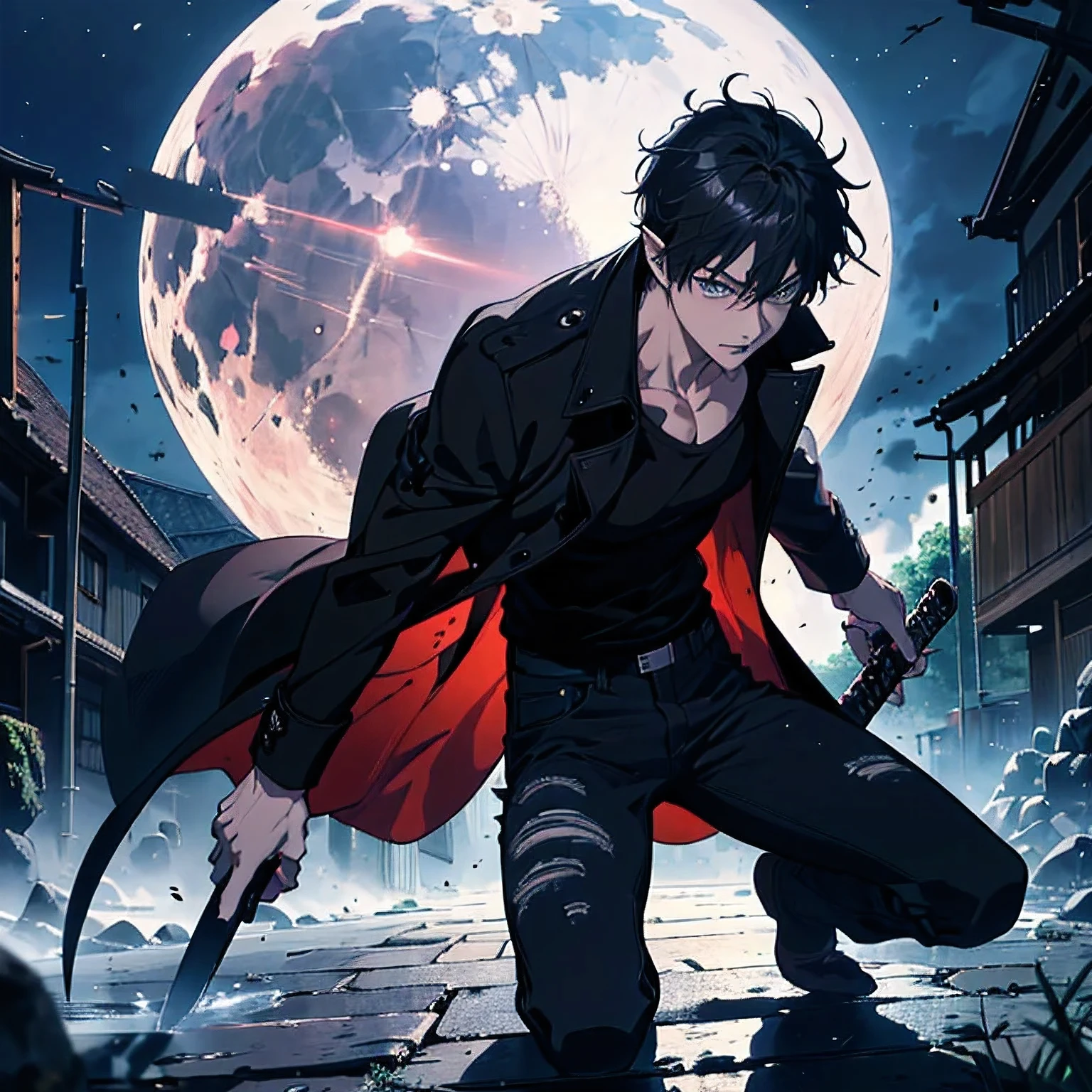 , 1man, 20 years old, male focus,muscular body, anime color, Okumura Rin, Ai no Exorcist, wearing a long black trench coat, Tight black T-shirt,Ripped black jeans, (holding a katana) , fight pose {very short hair black, blue eyes, pale skin, pointy ears, fangs},  anger, bare feet, looking at viewer, , {Night, red full-moon, Battlefield, war} ,(dramatic lighting), (((professional. highly detailed. HD. UHD. HDR. 16K. very high quality. clean. realistic anime. hyper realistic.))), newest 