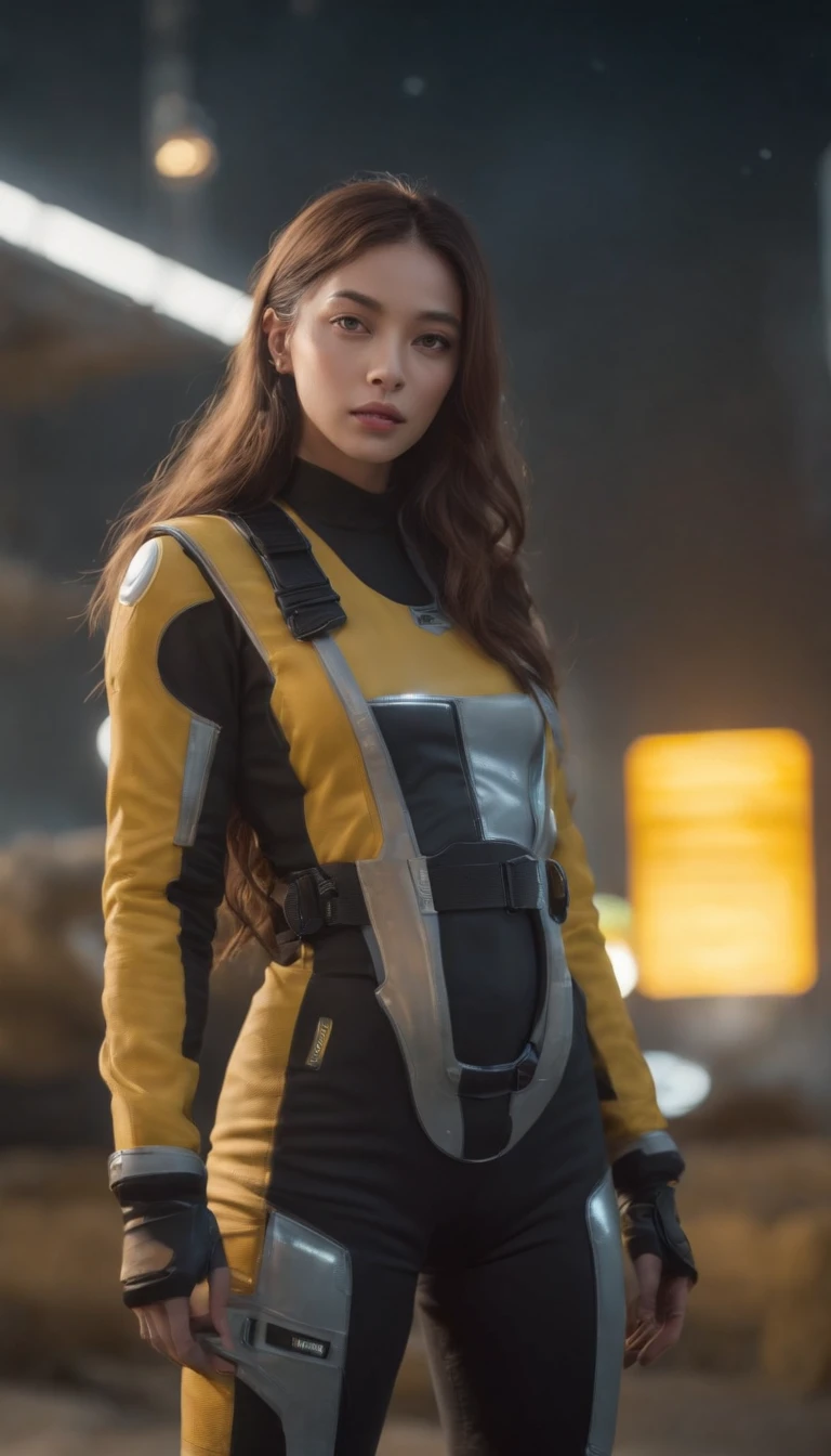 RAW, Masterpiece, Super Fine Photo, Ultra High Resolution, Photorealistic, Sunlight, Full Body Portrait, Stunningly Beautiful, Dynamic Poses, Delicate Face, Vibrant Eyes, solo, deep ebony 1girl, black girl, beautiful face, curly afro hair, black lips, a female character is wearing a yellow and black colored top outfit with a backpack and a yellow hoodie jacket with "PACMOON" text on it, black, yellow and white sports leisure, yellow futuristic smart goggles, clear lens, green eyes, leggings pants, long hair, diamond earrings, cybernetically enhanced, she is standing in front of spaceships and satellites, starry night sky, pigeoncore, neo-dadaist, Asuka Langley, neon genesis EVA suit, mechanized precision, space crew member, she holds an important position, in crowd spectator at a tech conference in the style of mecha sci-fi anime, 8k, best quality, highres, Unreal Engine:1.4,Ultra-realistic K CG, Photorealista:1.4, Skin Texture:1.4, Volumetric fog, 8k uhd, dslr, high quality, film grain, fair skin, photorealism, lomography, sprawling metropolis in a futuristic dystopia, translucent, safe for work
