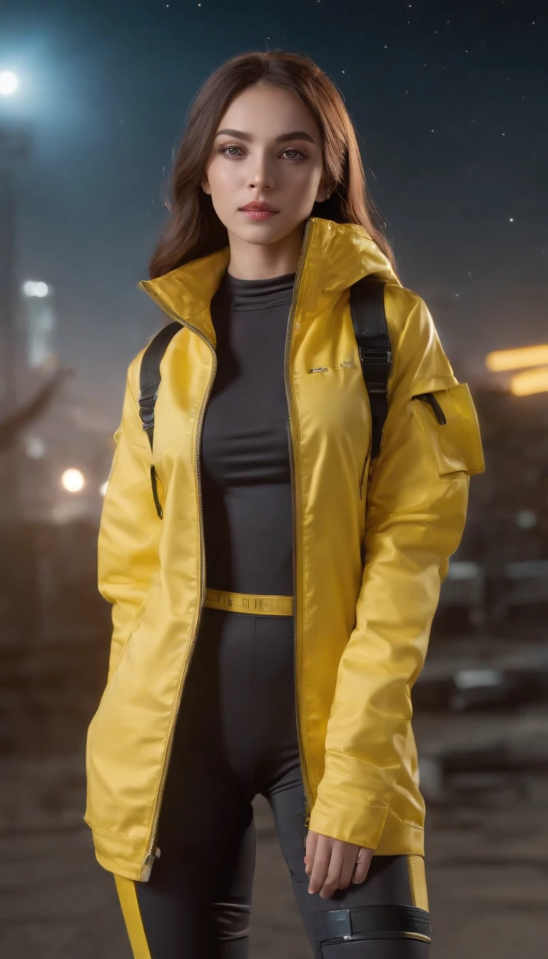 RAW, Masterpiece, Super Fine Photo, Ultra High Resolution, Photorealistic, Sunlight, Full Body Portrait, Stunningly Beautiful, Dynamic Poses, Delicate Face, Vibrant Eyes, solo, deep ebony 1girl, black girl, beautiful face, curly afro hair, black lips, a female character is wearing a yellow and black colored top outfit with a backpack and a yellow hoodie jacket with "PACMOON" text on it, black, yellow and white sports leisure, yellow futuristic smart goggles, clear lens, green eyes, leggings pants, long hair, diamond earrings, cybernetically enhanced, she is standing in front of spaceships and satellites, starry night sky, pigeoncore, neo-dadaist, Asuka Langley, neon genesis EVA suit, mechanized precision, space crew member, she holds an important position, in crowd spectator at a tech conference in the style of mecha sci-fi anime, 8k, best quality, highres, Unreal Engine:1.4,Ultra-realistic K CG, Photorealista:1.4, Skin Texture:1.4, Volumetric fog, 8k uhd, dslr, high quality, film grain, fair skin, photorealism, lomography, sprawling metropolis in a futuristic dystopia, translucent, safe for work