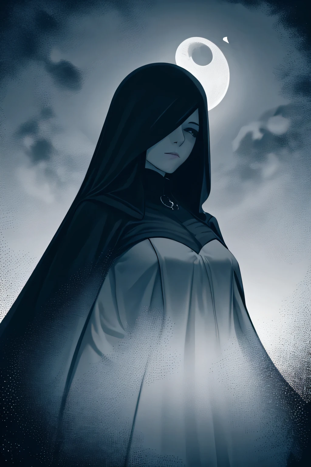 (Monochrome and Grayscale: 1.2), Lone Figure, Late Night Battlefield, Towering Scythe, (Crescent Moon: 1.2), Pallid Countenance, Fully Veiled in Dark Cloak, Gigantic Bust, Statuesque and Commanding, Full-Length Portrait, Front View from Below, Ominous and Dramatic Lighting, Breasts Concealed by Wide Mantle, Shrouded Mystery.