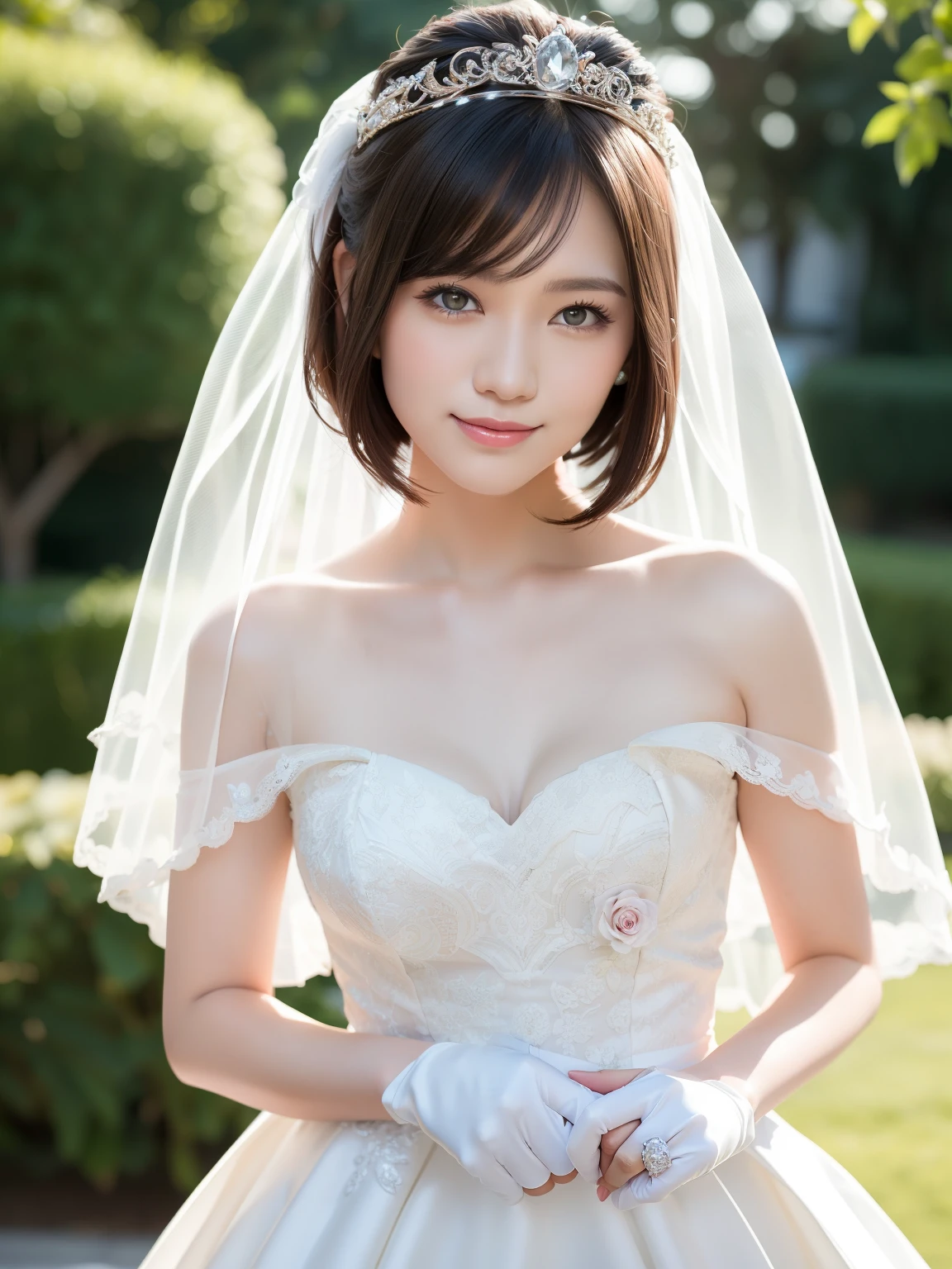 (Best quality: 1.5), (Realistic: 1.5), (1 person: 1.5), (Medium shot: 1.5), Highly detailed, High resolution, 8k, Medium breasts, Natural colored lips, Cute smile, Japanese woman, 20-year-old girl, beautiful and elegant features, perfect and beautiful face, large eyes with good balance between the left and right sides, brunette eyes, beautiful and elegant features, beautiful double eyelids, natural bangs, beautiful thin nose, beautiful skin, fair skin, (medium bob hair), natural bangs, perfect and beautiful face, slim face and figure, (looks at the camera with a sweet smile), bright lighting, professional lighting, forward lighting, princess line wedding dress, best Wearing a luxury bridal tiara (wearing a pure white off-shoulder wedding dress), luxury wedding dress, lace white gloves, bridal veil, (Western garden with beautiful roses), Western garden, holding the hem of the skirt,