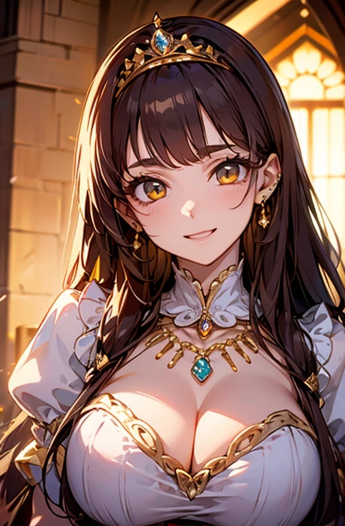 Princess , in castle, high quality, super quality, (detailed face:1.4) ,beautiful young woman , golden eyes, long golden hair , tight gorgeous dress, tiara, necklace , earring , sharpe eyebrow , beautiful bangs are covering her eyes , huge breast ,upper body , model pose , smile