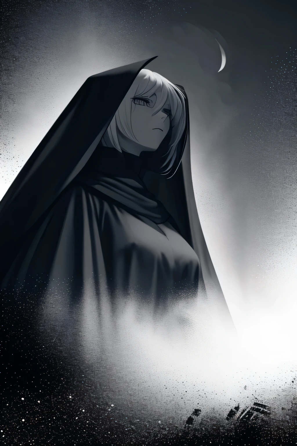 (Monochrome and Grayscale: 1.2), Lone Figure, Late Night Battlefield, Towering Scythe, (Crescent Moon: 1.2), Pallid Countenance, Fully Veiled in Dark Cloak, Gigantic Bust, Statuesque and Commanding, Full-Length Portrait, Front View from Below, Ominous and Dramatic Lighting, Breasts Concealed by Wide Mantle, Shrouded Mystery.