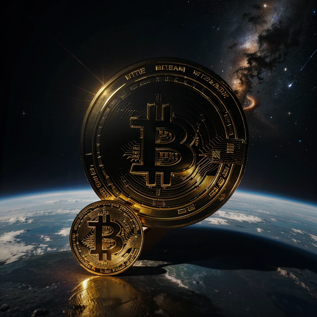 One Bitcoin coin in space