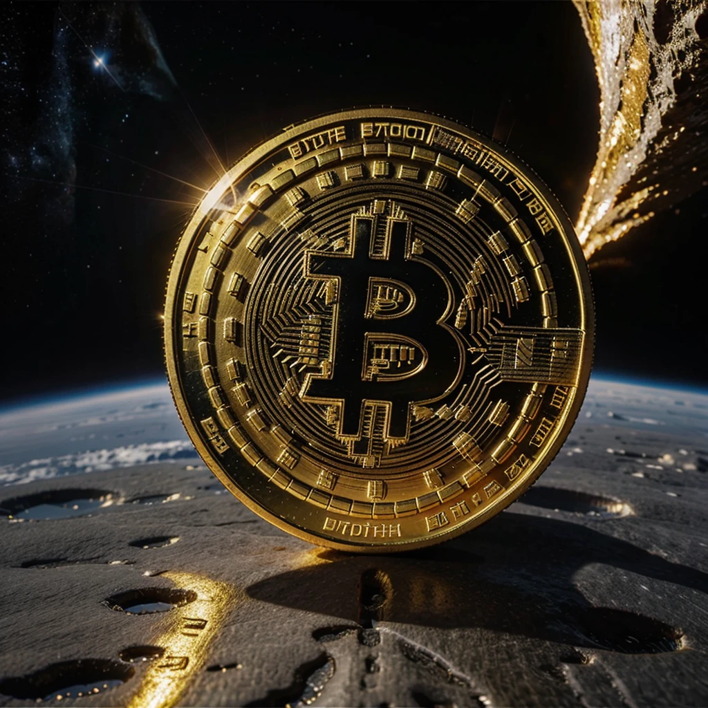 One Bitcoin coin in space