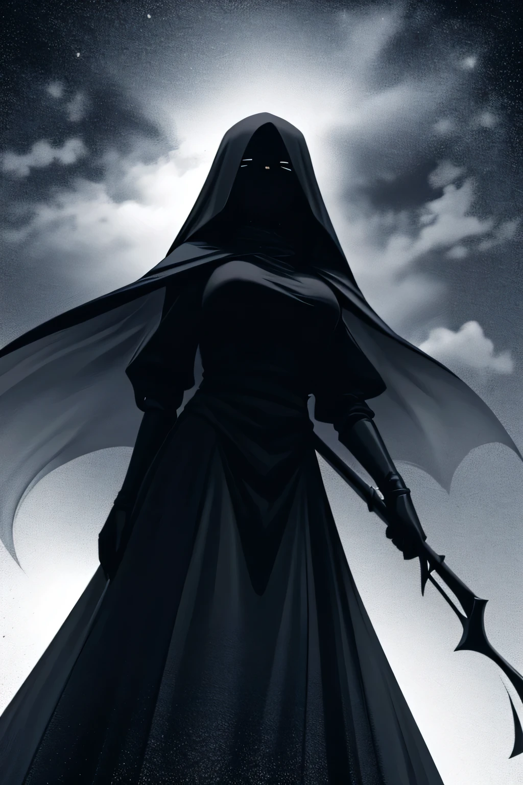 (Monochrome and Grayscale: 1.2), Lone Figure, Late Night Battlefield, Towering Scythe, (Crescent Moon: 1.2), Pallid Countenance, Fully Veiled in Dark Cloak, Gigantic Bust, Statuesque and Commanding, Full-Length Portrait, Front View from Below, Ominous and Dramatic Lighting, Breasts Concealed by Wide Mantle, Shrouded Mystery.