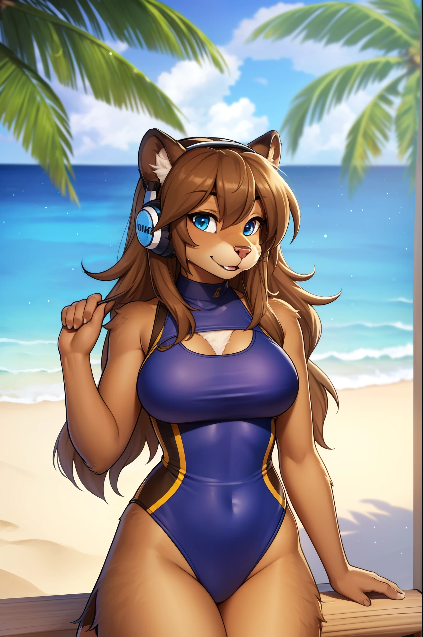 1 furry, (detailed fluffy fur), solo, otter ears, (high quality), otter, high resolution, detailed eyes, (8k) swimsuit, detailed eyes, headphone, summer, beach, big ,
