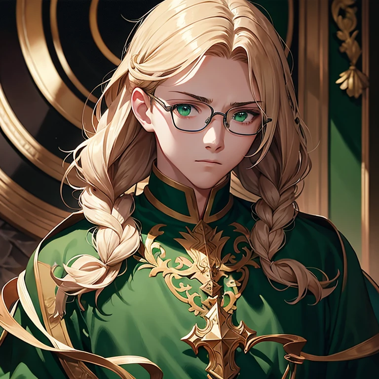 Masterpiece, best quality, expressive eyes, perfect face, 1boy, male focus, solo, blonde hair, braids, wavy hair, scattered hair, crown, green eyes, king outfit, medival outfit, armor, glasses,