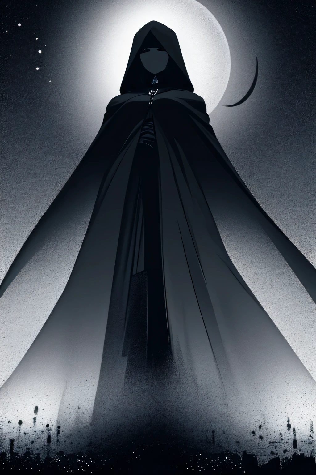 (Monochrome and Grayscale: 1.2), Lone Figure, Late Night Urban Landscape, Towering Scythe, (Crescent Moon: 1.2), Pallid Countenance, Fully Veiled in Dark Cloak, Gigantic Bust, Statuesque and Commanding, Full-Length Portrait, Front View from Below, Ominous and Dramatic Lighting, Breasts Concealed by Wide Mantle, Shrouded Mystery.