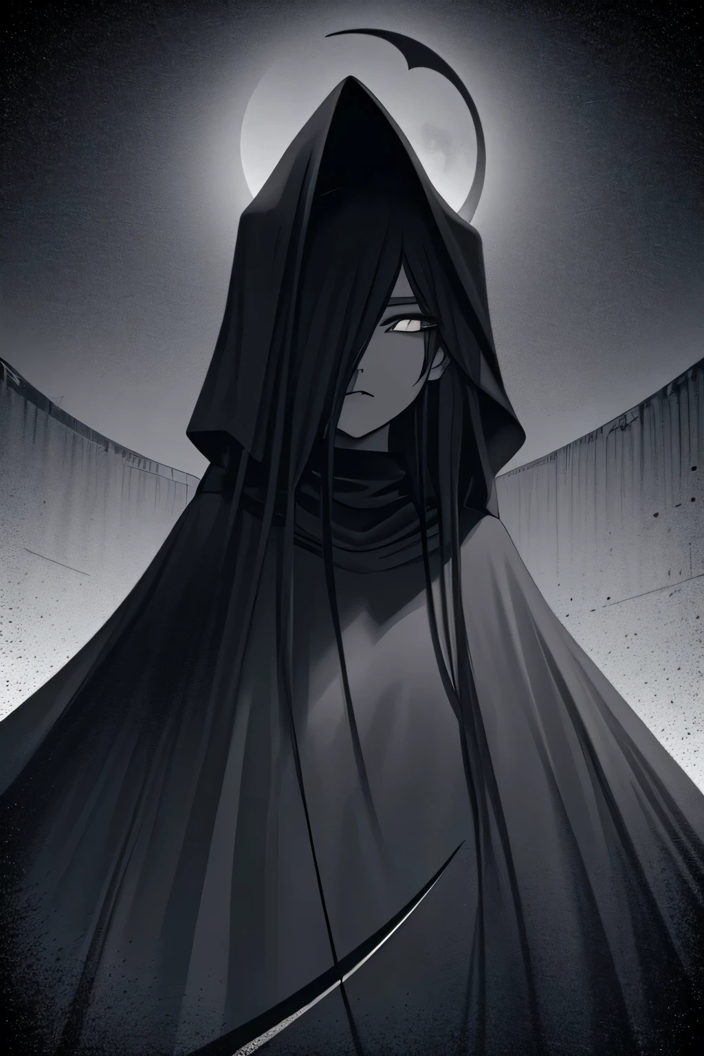 (Monochrome and Grayscale: 1.2), Lone Figure, Late Night Urban Landscape, Towering Scythe, (Crescent Moon: 1.2), Pallid Countenance, Fully Veiled in Dark Cloak, Gigantic Bust, Statuesque and Commanding, Full-Length Portrait, Front View from Below, Ominous and Dramatic Lighting, Breasts Concealed by Wide Mantle, Shrouded Mystery.