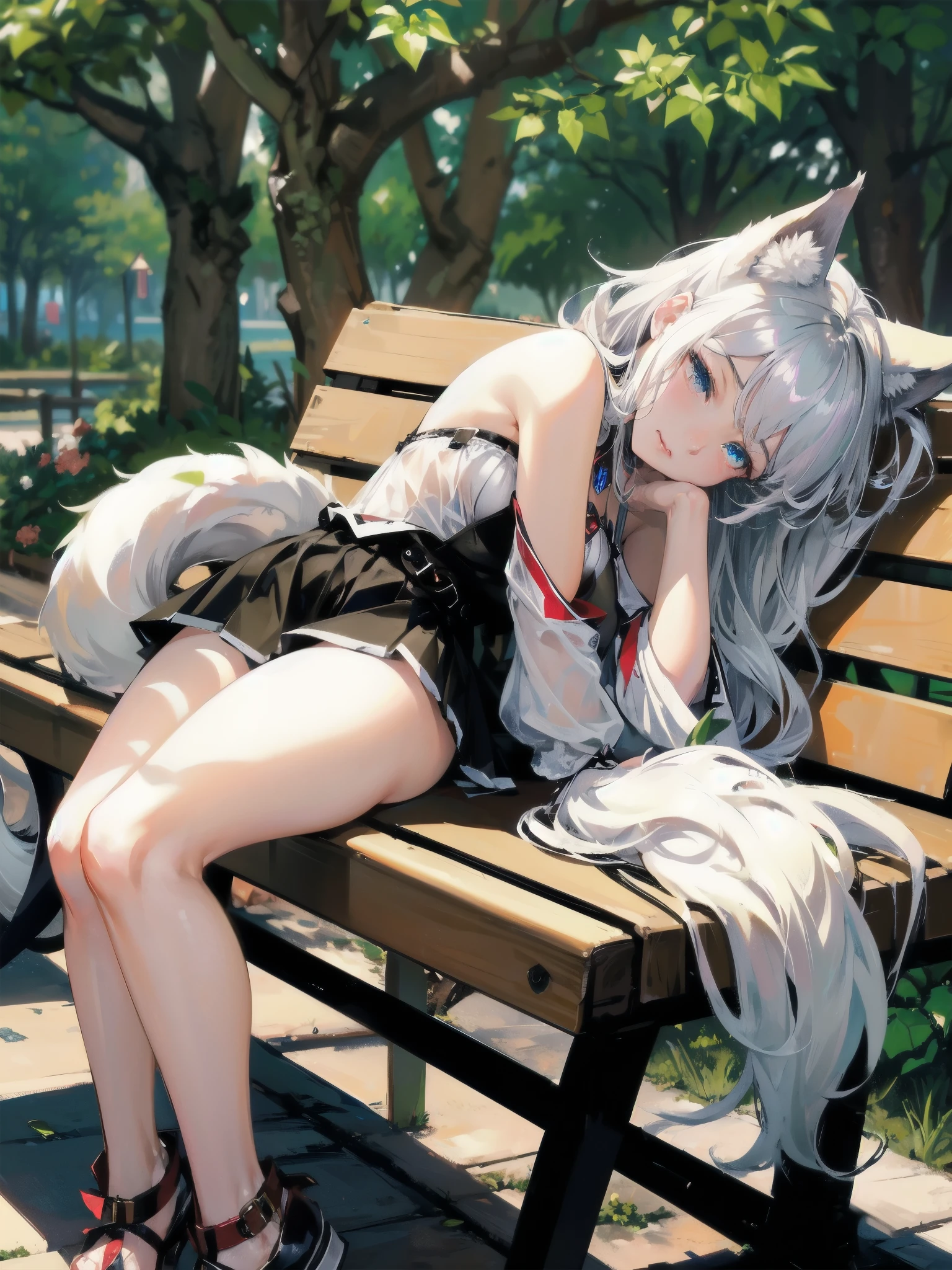 high quality,hd,16k,sharp line,1girl,fantasy,fem
ale wolf ears,wolf tail,beautiful hair ,cute face, large breasts ,nice legs,,focus girl,detailed beautiful face,detailed clothes,beautiful eyes,dynamic angle