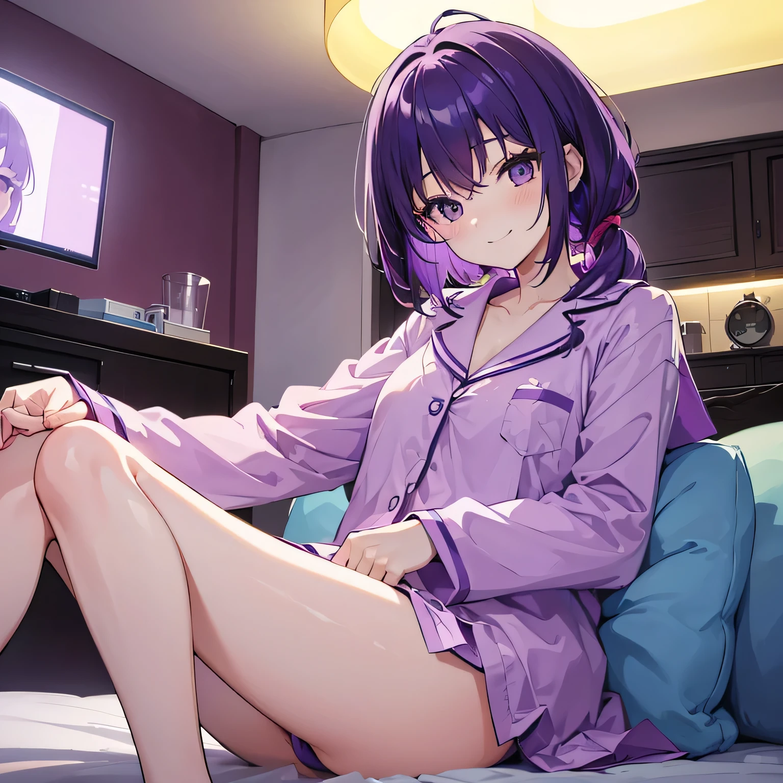 (T Masterpiece,4K wallpaper,Best Quality))、((girl1people))、(solo)、Bright and Brilliant,(Purple Hair)、(Shortcuts:1.3)、smile、Bedroom、pajamas、night