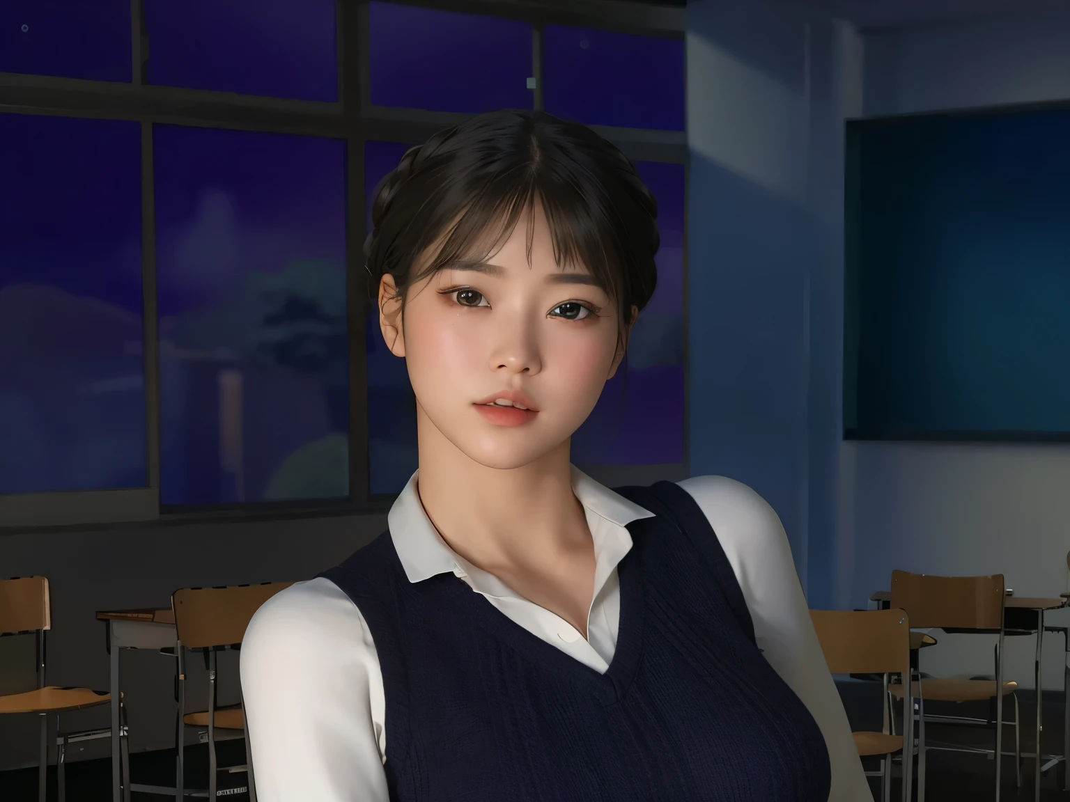 (Detailed CG、Unity、8k wallpaper)、(Very delicate and beautiful)、(masterpiece)、(highest quality:1.2)、(超A high resolution:1.3)、(Beautiful realistic Asian),Beautiful lighting、Perfect Lightning、Realistic Shadows、Fine skin、Very detailed、Detailed face and eyes、Realistic eyes、Sharp pupils、Huge , In the classroom、School、sunset、Beautiful Face、Blurred Background、(Japanese women)、Glowing Skin、Side Up、Beautiful black hair、Blunt bangs、Japan High School Sailor Uniform、Pleated mini skirt、Crying face ((Tabletop, highest quality)), (Glowing Skin), Cinema Lighting, Physically Based Rendering, Awards, Very detailedな肌, Very detailedな顔, Beautiful eyes in every detail, Carl Zeiss 85mm F/1.4, (Cowgirl:1.3), (cumin , Chest and thighs), she&#39;Very cute  , (Brown Hair, Straight Long Hair, Open your eyes, Round face), Big cleavage, (Pure white dress, I pulled up my pleated skirt myself:1.3), Watching from afar, (Spread your legs, Focus on the thighs),art、Frowning、Frowning、