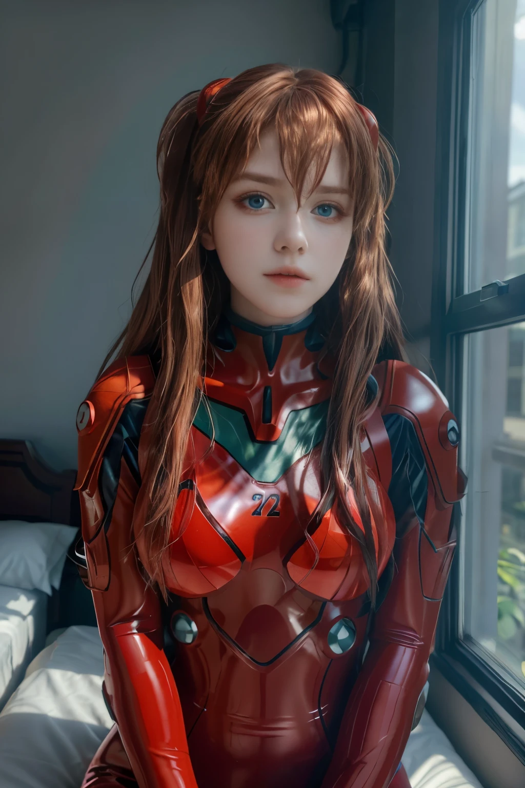 4K, 8K, (Masterpiece, best quality:1.2), blue eyes, perfect face, cosplay, professional photo, photo, photorealism, modelshoot style, portrait of shirogane, red plugsuit, feminine, bedroom, bed, sheets, window, plants, upper body, face shot