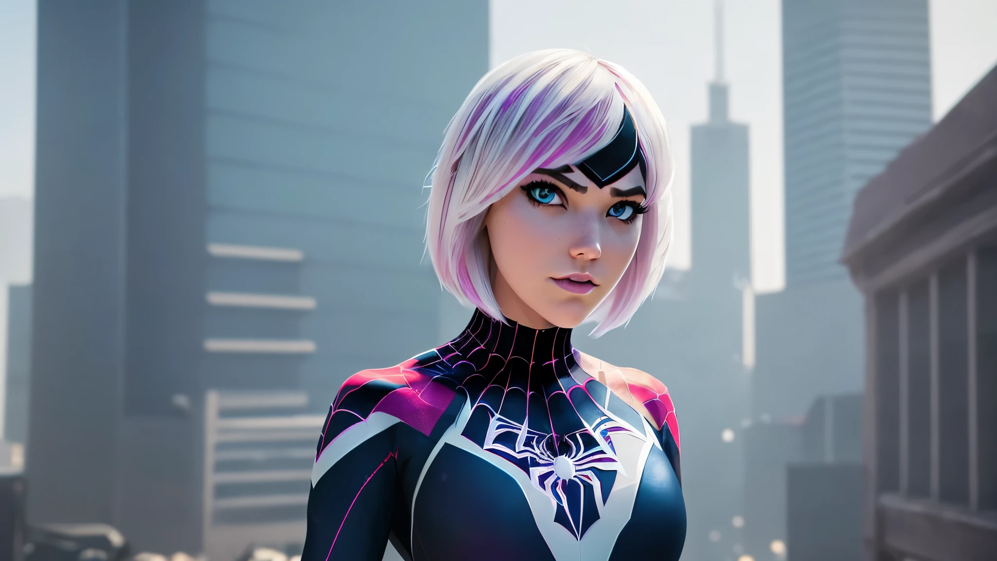 (((1 girl))), ((Spider-Gwen)), ((Spider-Gwen Outfit)), ((Spider-Gwen Haircut)), Textur, filmgrain, Hautporen, dusty atmospheric haze, Vignettierung, Falten, komplizierte Details:0.2 Intricate dramatic cinematic movie stills of a beautiful, elegant, Augenkontakt, (herablassendes, wirkliches Leben, HDR (Hoher dynamischer Bereich), Raytracing, NVIDIA RTX, super resolution, Unreal 5, selbstbewusstes Grinsen)1.2, (niedriger Winkel)1.2, Bokeh im Vordergrund, hasselblad RAW dramatisches Foto, (blue eyes), (city in Background), ((High detailed eyes))