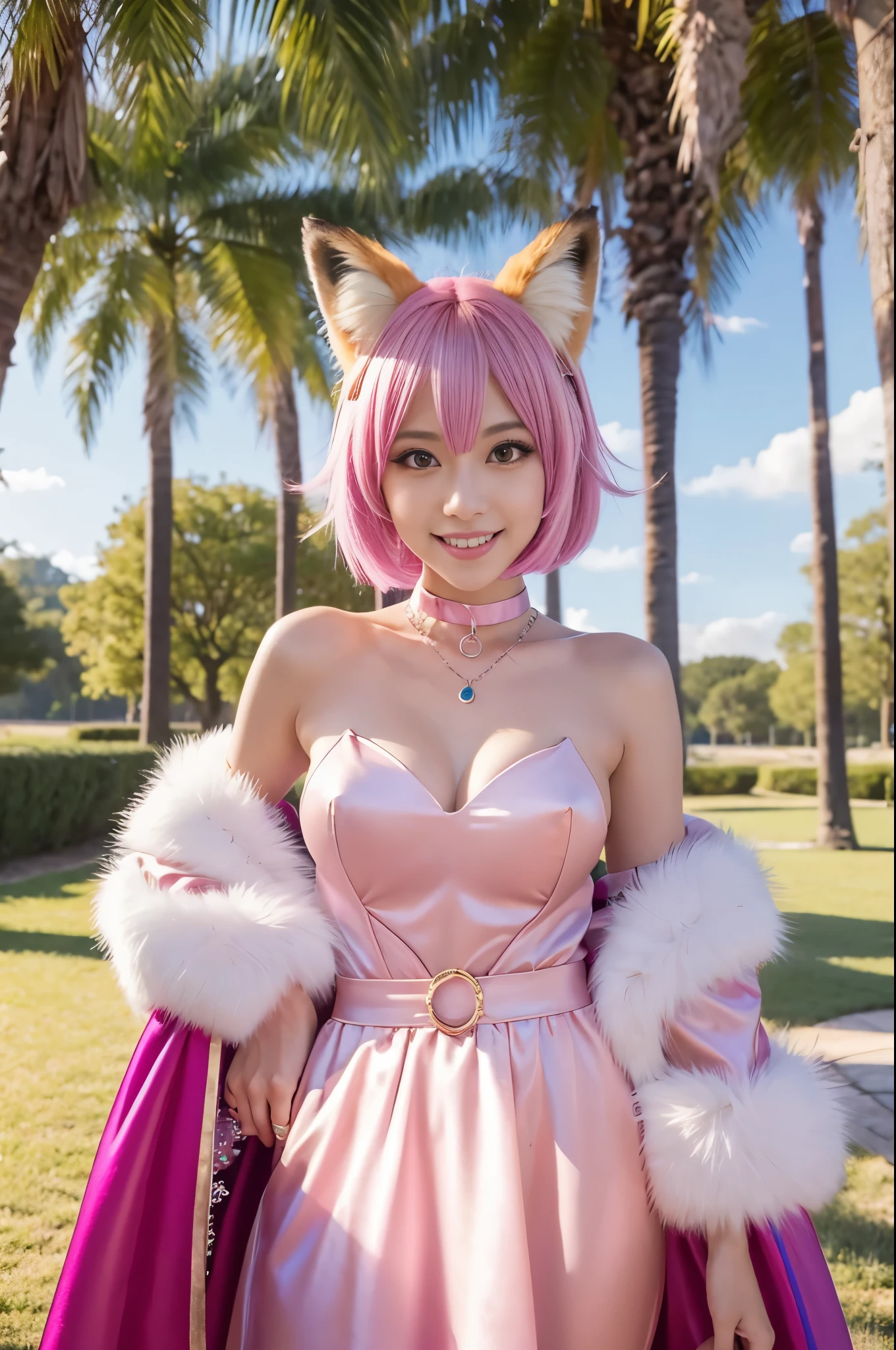 beautiful sexy princess, (-anime), only 1 female, very short hair, beautiful smile, lipgloss, long lashes, defined eyebrows, detailed fox anime cosplay, fox tail, fox choker, fox bracelets, fluffy fur vivid colors fox outfit, fox cosplay accessoires, fox ears, vivid colors, look at the camera, cinematic light, large park background with trees, sweet and sexy pose