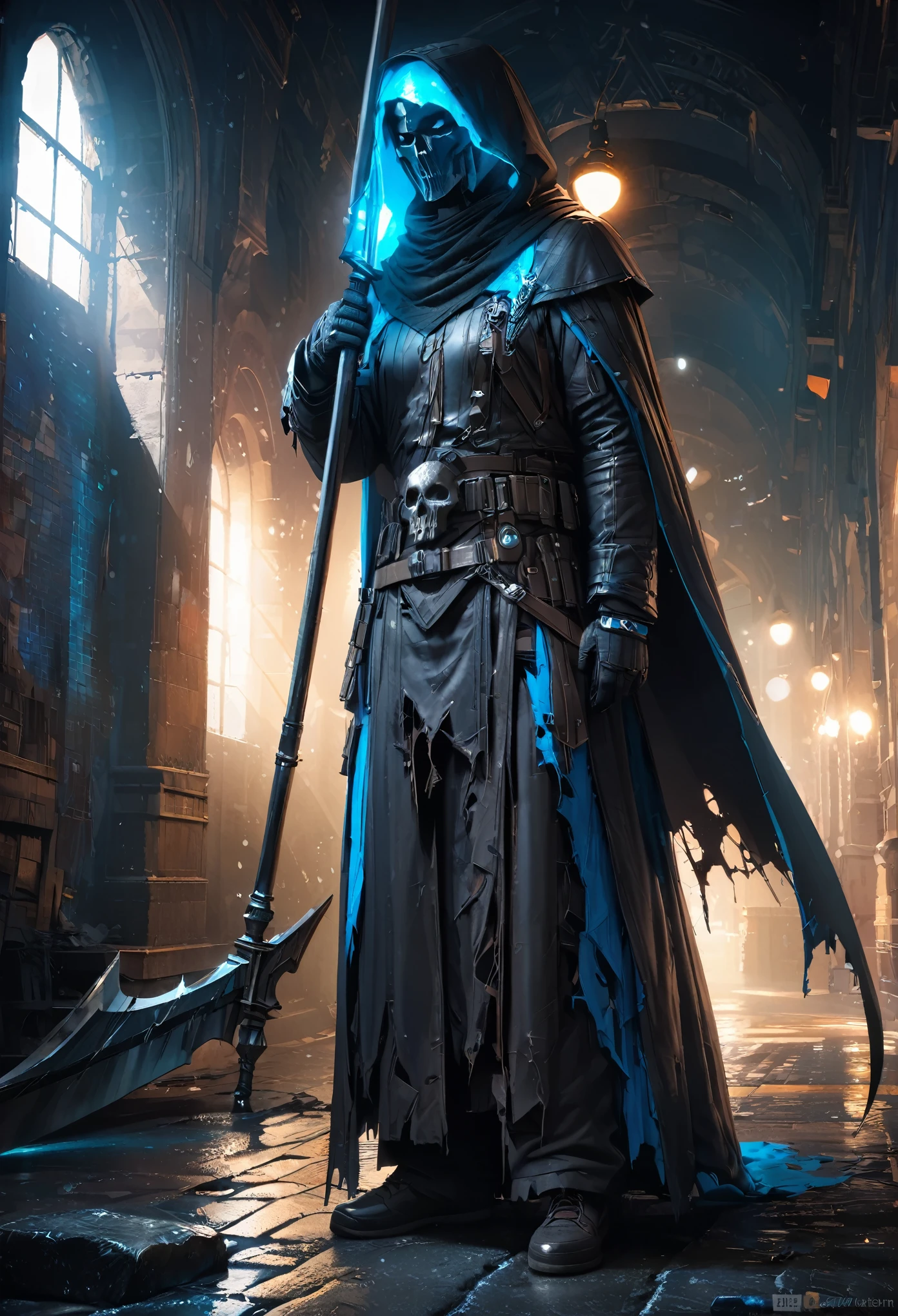 "gloomy skull-faced grim reaper with decaying appearance, lightly veiled with a lace niqab scarf, wearing a sunscreen cloak, most of the body covered in tattered and torn clothes, hunched posture, standing against a backdrop of moonlit stone streets, carrying a scythe larger than their height, emitting a pale blue glow, (highest quality, 4K, 8k, High resolution, masterpiece:1.2), Super detailed, (Realistic, photoRealistic, photo-Realistic:1.37), High resolution, 超High resolution, Studio Lighting, Professional, Vibrant colors, Bokeh, Portraiture, Delicate brushwork, Dark and cool color palette, Dim lighting"