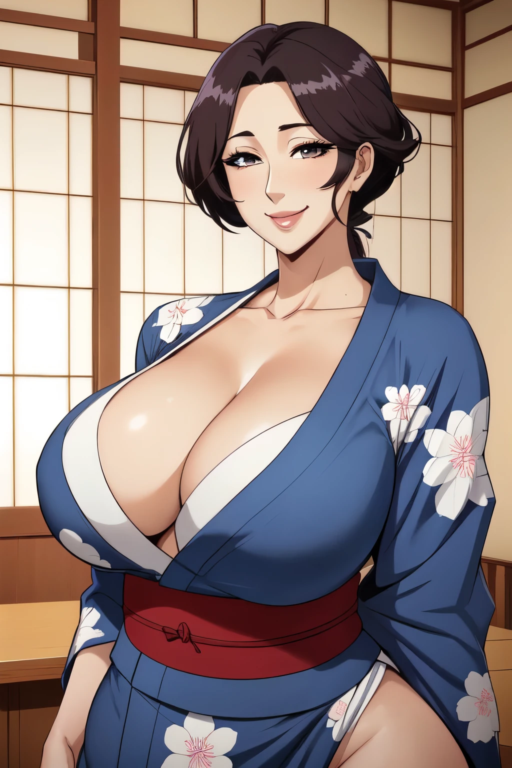 1girl, japanese clothes, yukata,  upper body, (mature female:1.5),seductive smile, ara ara, beutiful face, beautiful eyes, cleavage, bottomless,
masterpiece, best quality, intricate details,  anime screencap, flat color, big breasts, big ass, thick thighs, wide hips,