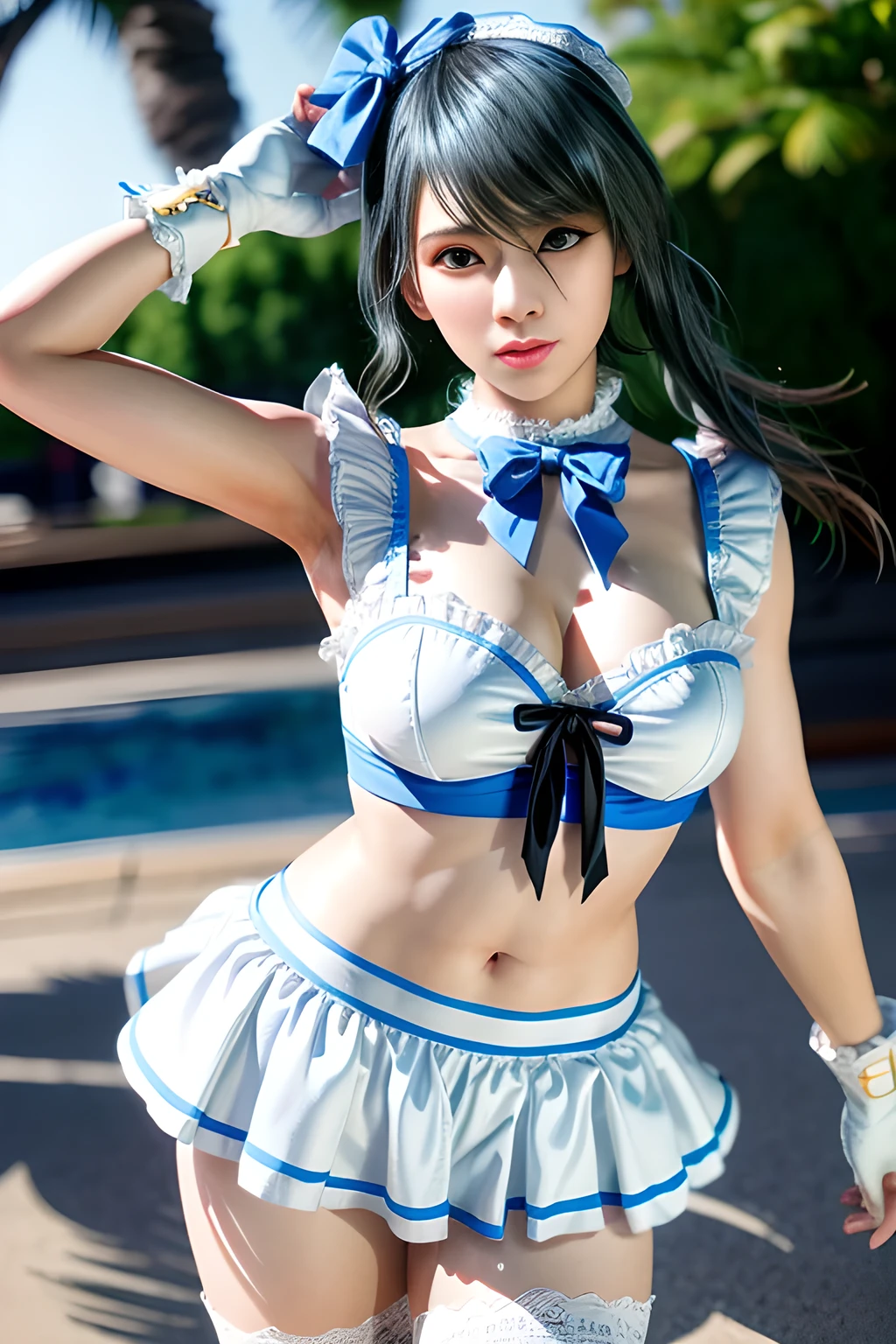 1girl, BREAK (white and black theme:1.4), (fusion of (sleeveless white high neck and collared [crop top]) and (black puff sleeves):1.4), (white tops and black short sleeves:1.2), (wearing a white half apron over a black skirt:1.4), (waist cincher:1.3), (white half apron), ((white maid head-band with ruffles on head, white brim on head):1.3), (white thigh high stockings:1.4), ((white arm warmers, white long glove):1.3), BREAK (light-blue theme:1.2), (light-blue lines on skirt:1.3), (light-blue ribbon bow:1.3),  , appealing cleavage,( beautiful tattoo:1.2), overhead view, beautiful detailed eyes, beautiful detailed lips, extremely detailed eyes and face, long eyelashes, feminine charm, detailed texture, snug fit, fashionable, soft fabric, radiant skin, (best quality,4k,8k,highres,masterpiece:1.2), ultra-detailed, (realistic,photorealistic,photo-realistic:1.37), tamaki