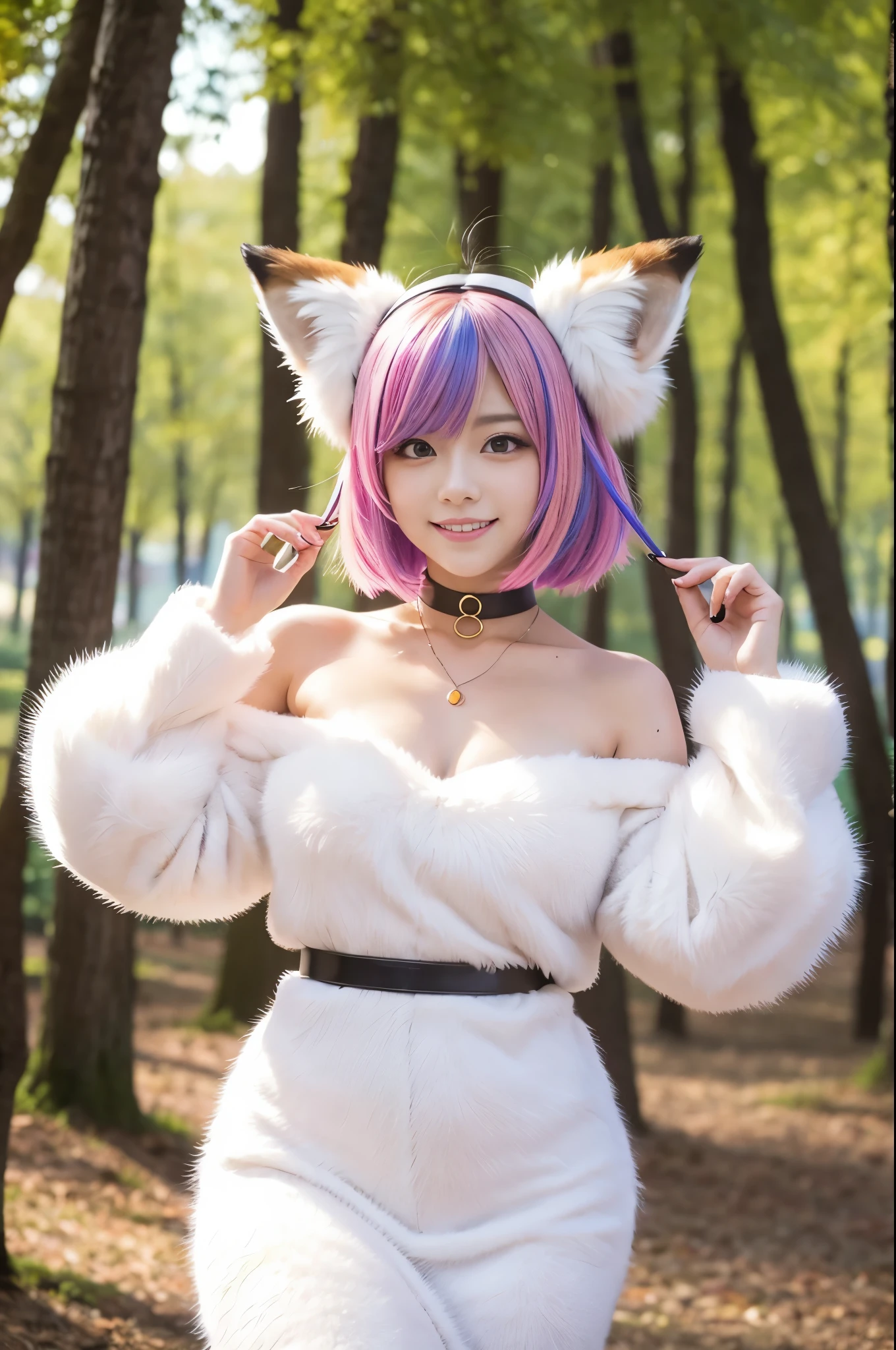 beautiful sexy princess, (-anime), only 1 female, very short hair, beautiful smile, lipgloss, long lashes, defined eyebrows, detailed fox anime cosplay, fox tail, fox choker, fox bracelets, fluffy fur vivid colors fox outfit, fox cosplay accessoires, fox ears, vivid colors, look at the camera, cinematic light, large park background with trees, sweet and sexy pose