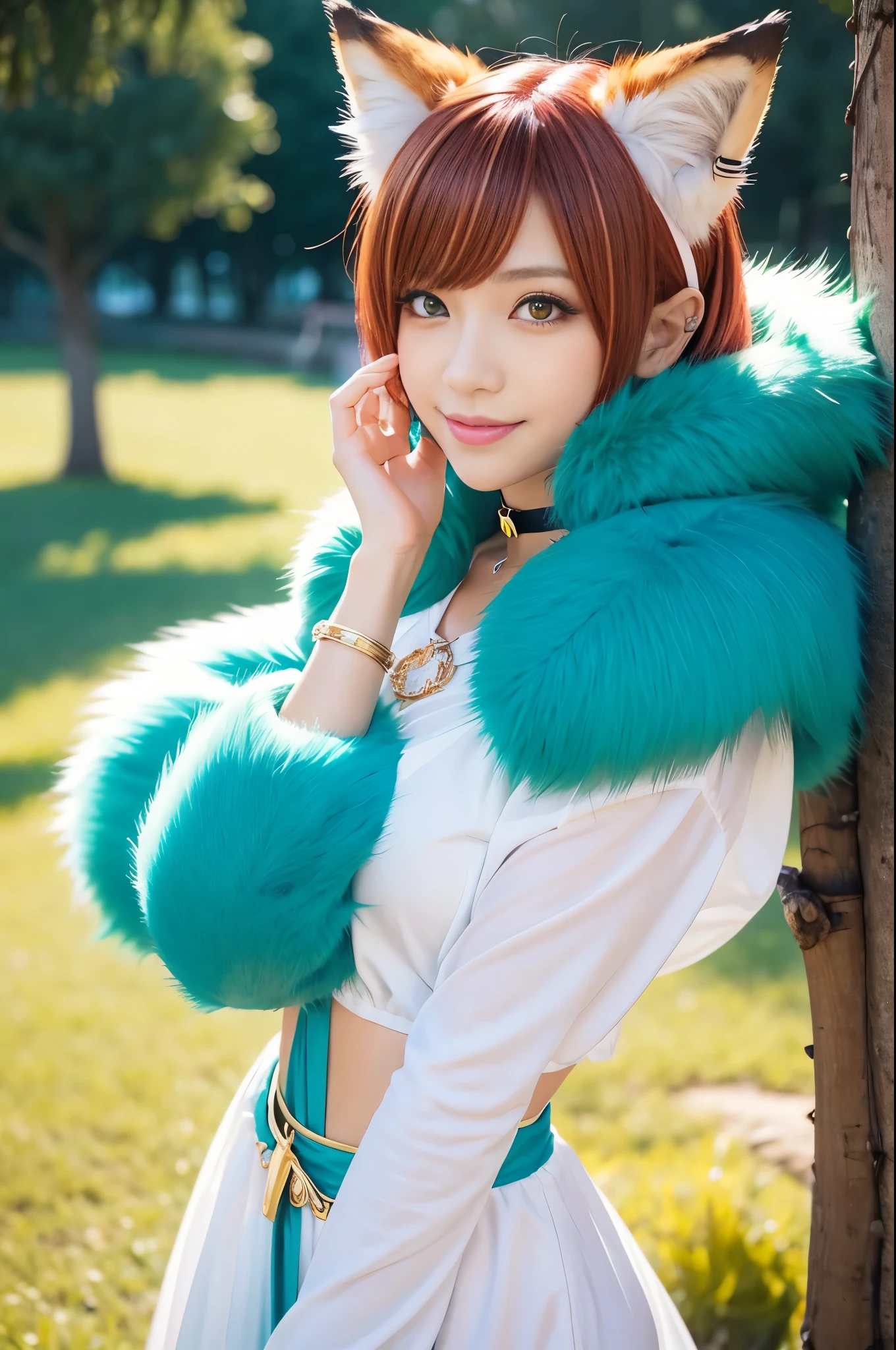 beautiful sexy princess, (-anime), only 1 female, very short hair, beautiful smile, lipgloss, long lashes, defined eyebrows, detailed fox anime cosplay, fox tail, fox choker, fox bracelets, fluffy fur vivid colors fox outfit, fox cosplay accessoires, fox ears, vivid colors, look at the camera, cinematic light, large park background with trees, sweet and sexy pose