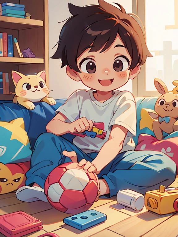 Cute littlw boy playing with toys, smiling