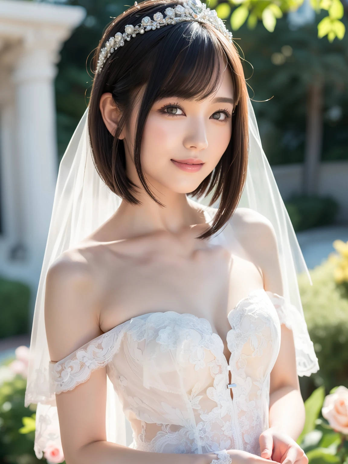 (Best quality: 1.5), (Realistic: 1.5), (1 person: 1.5), (Medium shot: 1.5), Highly detailed, High resolution, 8k, Medium breasts, Natural colored lips, Cute smile, Japanese woman, 20-year-old girl, beautiful and elegant features, perfect and beautiful face, large eyes with good balance between the left and right sides, brunette eyes, beautiful and elegant features, beautiful double eyelids, natural bangs, beautiful thin nose, beautiful skin, fair skin, (medium bob hair), natural bangs, perfect and beautiful face, slim face and figure, (looks at the camera with a sweet smile), bright lighting, professional lighting, forward lighting, princess line wedding dress, best Wearing a luxury bridal tiara (wearing a pure white off-shoulder wedding dress), luxury wedding dress, lace white gloves, bridal veil, (Western garden with beautiful roses), Western garden, holding the hem of the skirt,