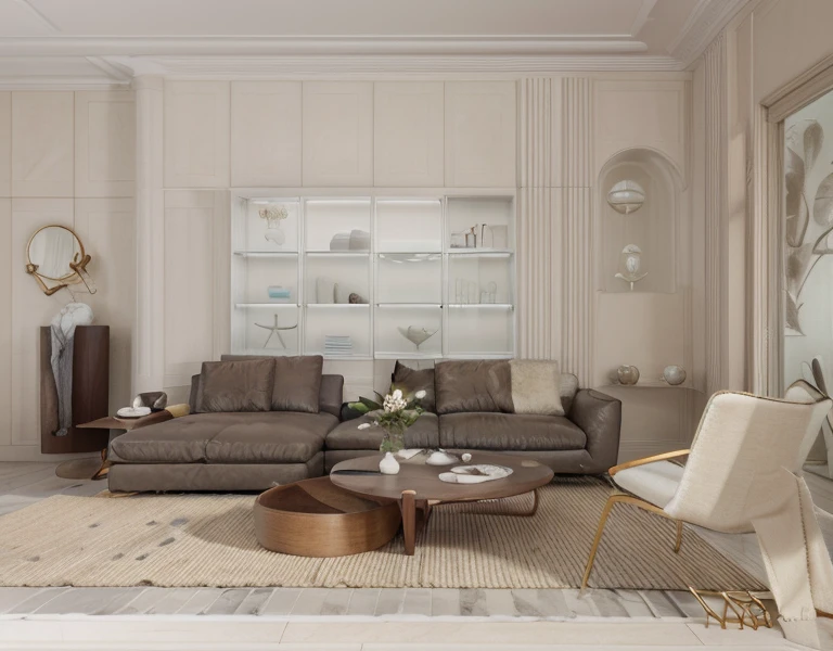 about neo classical lliving room with a dark brown simili leather sofa, gray fur rugivory and white marble, marble walls, the potter decor on a wall, white marble floor, morden and classiccal space, super sophisticated texture, elegant and refined, exaggerated texture, made of liquid metal and marble, felt upholstered sofa, (supper detail)), utral detail,