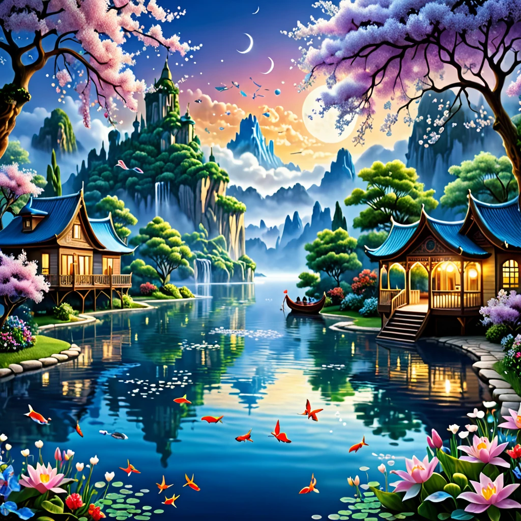 (extremely detailed, best quality), floating, an extremely delicate and beautiful dream-like scene,, , [(1topless girl),(long purple hair), detailed face, neck ribbon, elegant blue dress, standing on a cloud, (wide shot), (mysterious atmosphere):1.5],, , [(butterfly wings),(fluffy cat),(floral bouquet),(fairytale), (sunshine),(soft light),(pastel colors),(glitter):0.8]