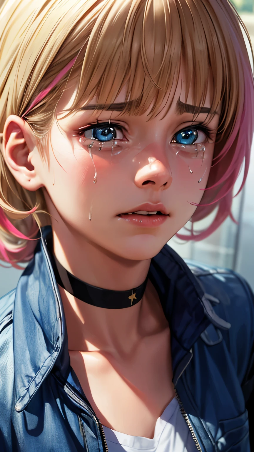 best quality,4k,8k,highres,masterpiece:1.2),ultra-detailed,(realistic,photorealistic,photo-realistic:1.37),portrait,girl with blonde hair and pink and multicolored hair, blue eyes, crying with a hand covering her face, wearing a red jacket and a choker necklace, with a background inspired by the artwork "Crying Hand" by capturing a sense of emotional vulnerability and artistic expression.
