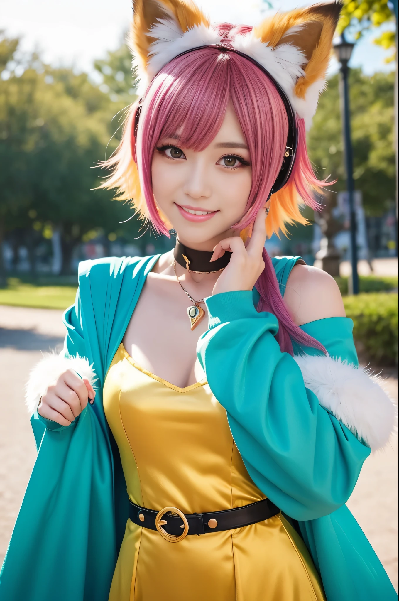 beautiful sexy princess, (-anime), only 1 female, very short hair, beautiful smile, lipgloss, long lashes, defined eyebrows, detailed fox anime cosplay, fox tail, fox choker, fox bracelets, fluffy fur vivid colors fox outfit, fox cosplay accessoires, fox ears, vivid colors, look at the camera, cinematic light, large park background with trees, sweet and sexy pose