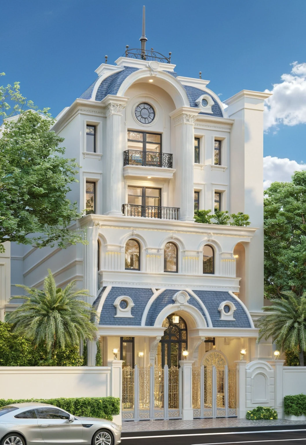 Architectural style Architectural style,  ((Classic Style House)),(masterpiece) , ((best quality)), dramatic lighting, high quality outdoors, sky, day, cloud, tree, blue sky, building, scenery, road, real world location,  sunlight, enough detail, high resolution,super realistic, Photorealistic, highly detailed, balcony,  door, car, truck, parking slot, paving, . Clean lines, architectural drawing, highly detailed  , . Clean lines, geometric shapes, architectural drawing, highly detailed, (( round column : 1,3)), round pillar