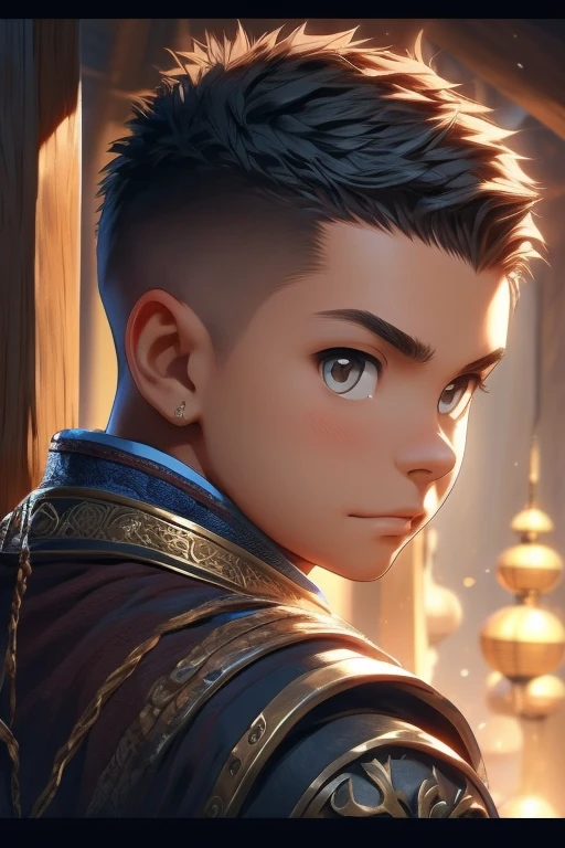 Unity 8k wallpaper, Ultra detailed, Beautiful and aesthetic, Masterpiece, Best quality, Extremely detailed, Realistic, 1boy, Short spiked hair, crew cut hair, Cute, Young, Asian, Japanese role-playing game style, medieval,