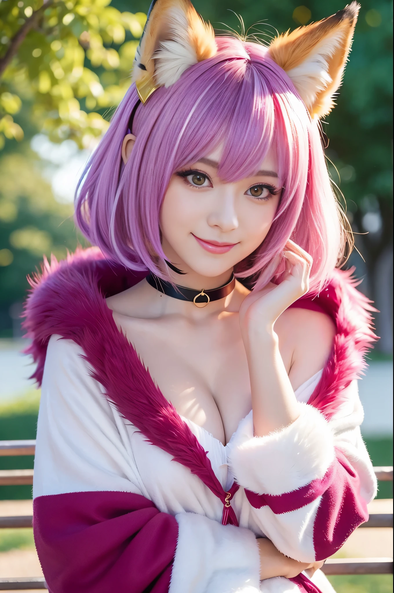 beautiful sexy princess, (-anime), only 1 female, very short hair, beautiful smile, lipgloss, long lashes, defined eyebrows, detailed fox anime cosplay, fox tail, fox choker, fox bracelets, fluffy fur vivid colors fox outfit, fox cosplay accessoires, fox ears, vivid colors, look at the camera, cinematic light, large park background with trees, sweet and sexy pose