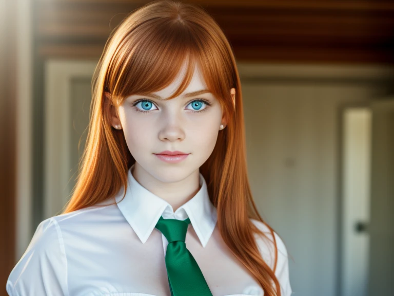 ultra realistic image, a ginger teenager girl, cute face, big green eyes, with a little freckles, a top, full body, at dawn, round face, pale skin, skirt, necktie, breasts
