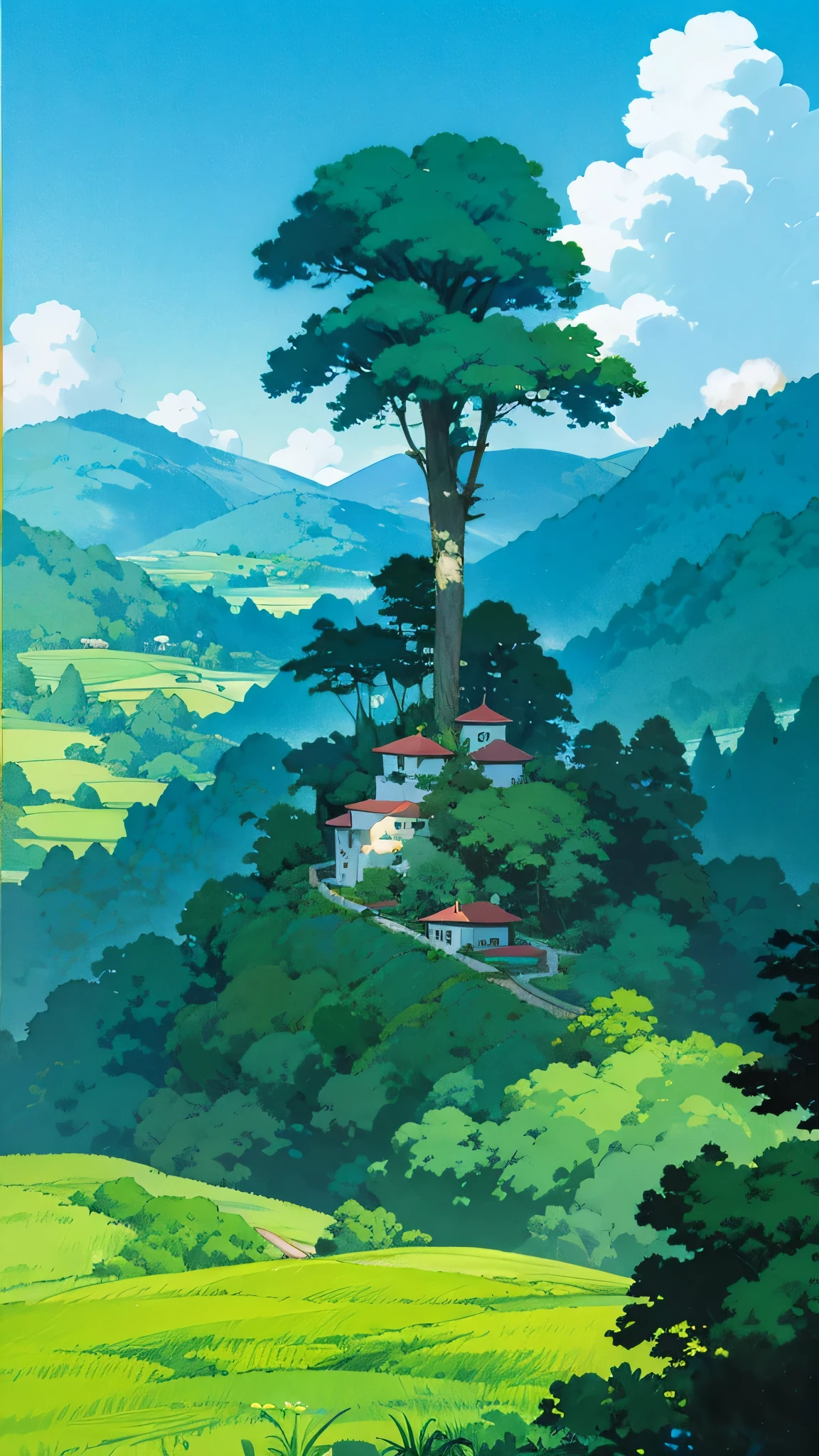 Anime-style landscape featuring a house perched majestically atop a verdant hill. The panoramic view offers a harmonious balance between foreground and background, showcasing a well-proportioned house with intricate details. The house, awash in vibrant colors, stands against a backdrop of rolling hills and valleys, dotted with lush greenery and meticulously rendered trees. The sky above is a canvas of melted cobalt and azure, adorned with wispy clouds that drift lazily across the horizon. The landscape, bathed in soft, warm lighting, exudes a serene and picturesque charm, characteristic of the anime art style.