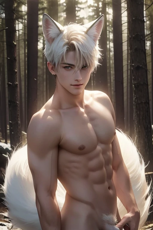 Full Body photorealistic 4k, high resolution, Cody Christian,,best quality, masterpiece, perfect color, perfect shade, perfect lighting, Posted by e621, ((portrait)), ((handsome man)), perfect male figure, Short hair details,Naked and nude torso,Detailed face, perfect face, (stood up), Detailed background, ((Bonifasco Lighting)), (delicate eyes),(animal ears white fox),((big fluffy tail)),tattoo,((forest)),emaciated. Smiling , detailed perfect penis and scrotum.