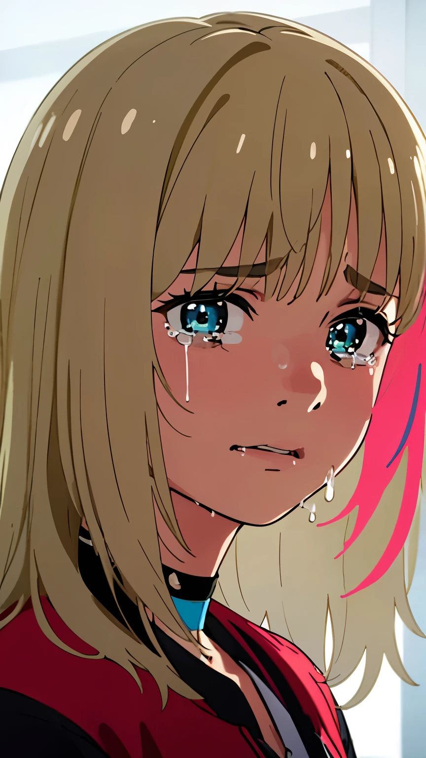 best quality,4k,8k,highres,masterpiece:1.2),ultra-detailed,(realistic,photorealistic,photo-realistic:1.37),portrait,girl with blonde hair and pink and multicolored hair, blue eyes, crying with a hand covering her face, wearing a red jacket and a choker necklace, with a background inspired by the artwork "Crying Hand" by capturing a sense of emotional vulnerability and artistic expression.
