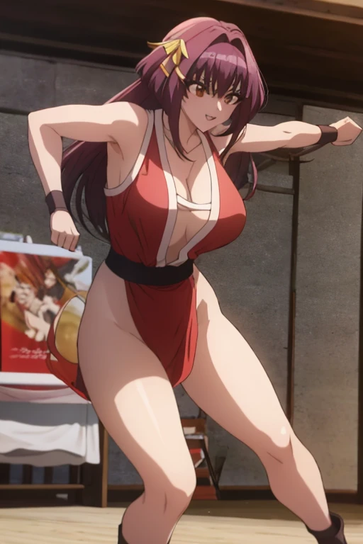 masterpiece, best quality, beautiful art, high resolution, well formed hands, body and fingers, 1 woman, solo, Karin Maaka, grown up , adult, hair ribbon,big breasted, cleavage, full body, long hair, hair ornament gorgeous legs and thighs, cosplaying as Mai Shiranui , she is fighting in a combat match at a martial arts tournament, she is getting ready to fight, making her guard pose, action and fighting scene, about to hit the viewer, looking at the viewer, sweating , feeling confident and proud, smiling joyfully and happily, charming her opponent with her beauty, bouncing breasts, fighting scene, martial arts tournament on the beach