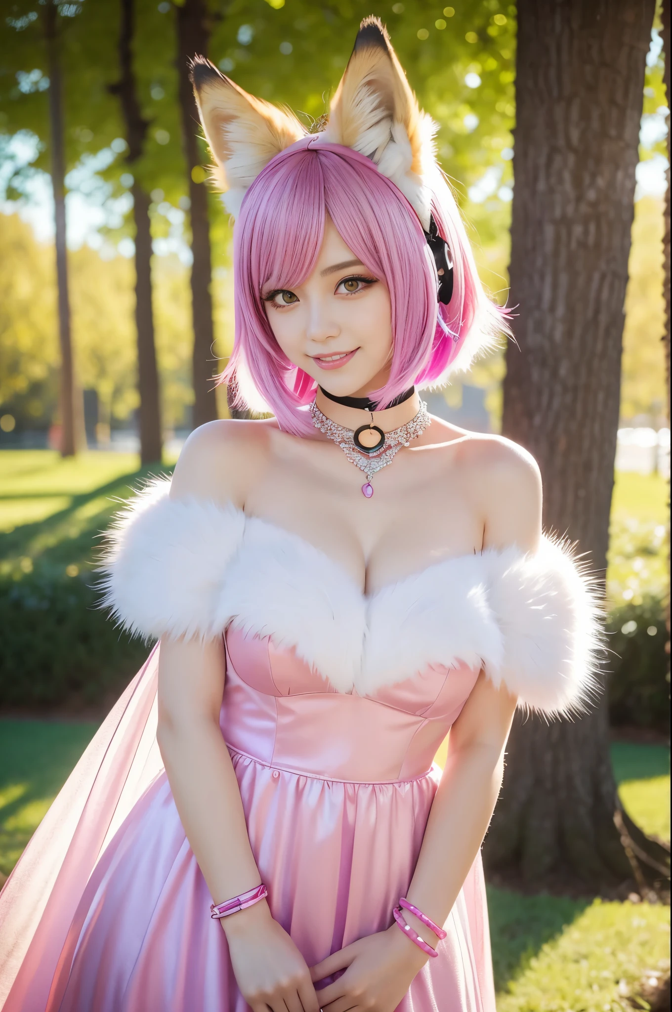 beautiful sexy princess, (-anime), only 1 female, very short hair, beautiful smile, lipgloss, long lashes, defined eyebrows, detailed fox anime cosplay, fox tail, fox choker, fox bracelets, fluffy fur vivid colors fox outfit, fox cosplay accessoires, fox ears, vivid colors, look at the camera, cinematic light, large park background with trees, sweet and sexy pose