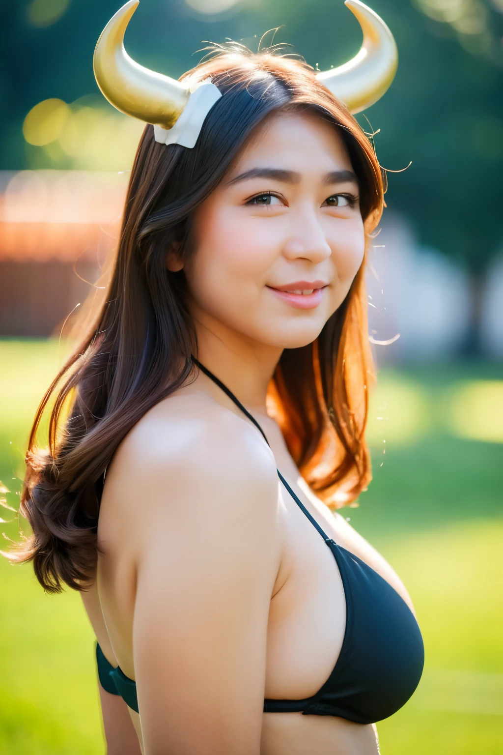 standing, ((cow skin pattern bikini), (cow horns on her head), gold bell on her neck, (cow skin pattern socks)), looking at camera, front view, long hair, (detailed face), farm background, potrait body, (showing whole body), mouth closed, smiling, black eyes, 1 girl, 20yo,Young female,Beautiful Finger,Beautiful long legs, Beautiful body, Beautiful Nose, Beautiful character design, perfect eyes, perfect face,expressive eyes,perfect balance, (looking at viewer),extremely detailed CG unity 8k wallpaper, perfect lighting,Colorful, Bright_Front_face_Lighting,White skin, (masterpiece:1.0),(best_quality:1.0), ultra high res,4K,ultra-detailed, photography, 8K, HDR, highres, absurdres:1.2, Kodak portra 400, film grain, bokeh:1.2, lens flare, (vibrant_color:1.2),professional photograph, (Beautiful,huge_Breasts:1.4), (beautiful_face:1.5),(narrow_waist)