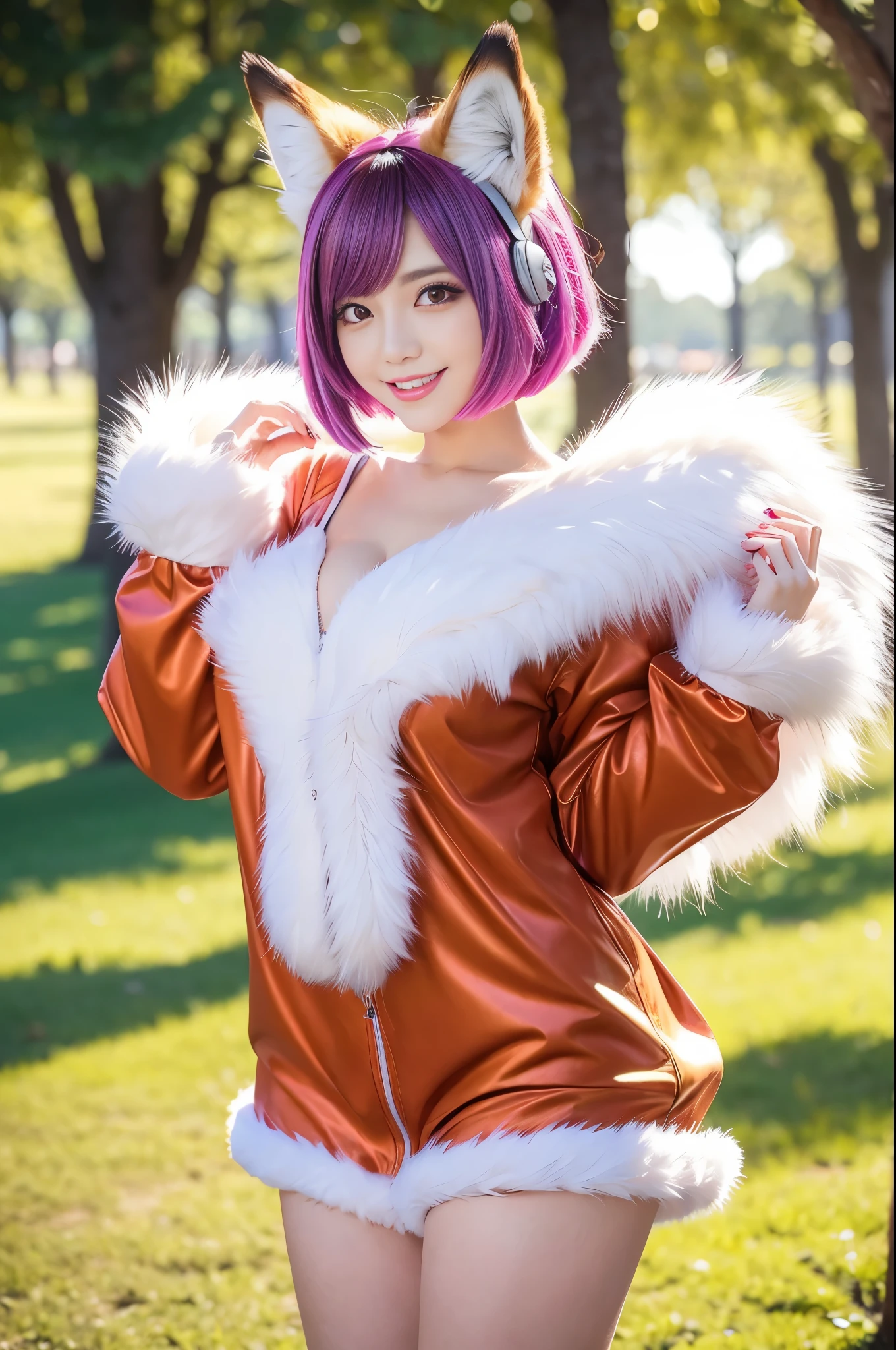 ultra sexy female, (-anime), only 1 female, very short hair, beautiful smile, lipgloss, long lashes, defined eyebrows, fluffy fur fox cosplay, fluffy fur vivid colors outfit, fox cosplay accessoires, fox ears, vivid colors, look at the camera, cinematic light, large park background with trees, sweet and sexy pose