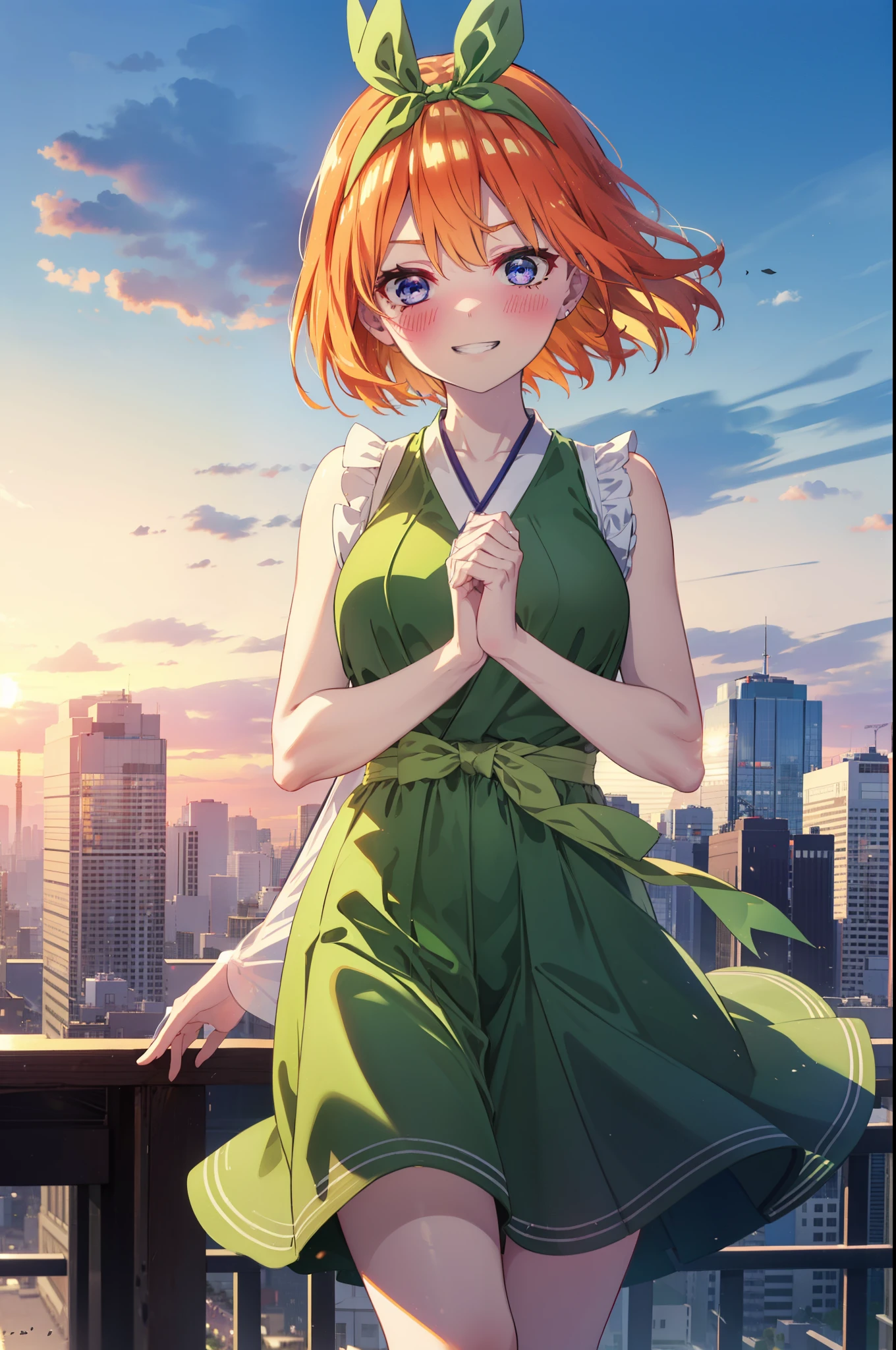 yotsubanakano, yotsuba nakano, bangs, short hair, blue eyes, Hair between the eyes, hair ribbon, hair band, Orange Hair, (Green ribbon:1.5), smile, Grin,smile,Sleeveless green dress,Bare arms,Green long skirt,Cute heeled sandals,sunset,evening,The sun goes down,My hair is blowing in the wind,whole bodyがイラストに入るように,Looking down from above,
break outdoors, city,海岸通り
break looking at viewer, whole body,
break (masterpiece:1.2), highest quality, High resolution, unity 8k wallpaper, (shape:0.8), (Beautiful details:1.6), Highly detailed face, Perfect lighting, Highly detailed CG, (Perfect hands, Perfect Anatomy),