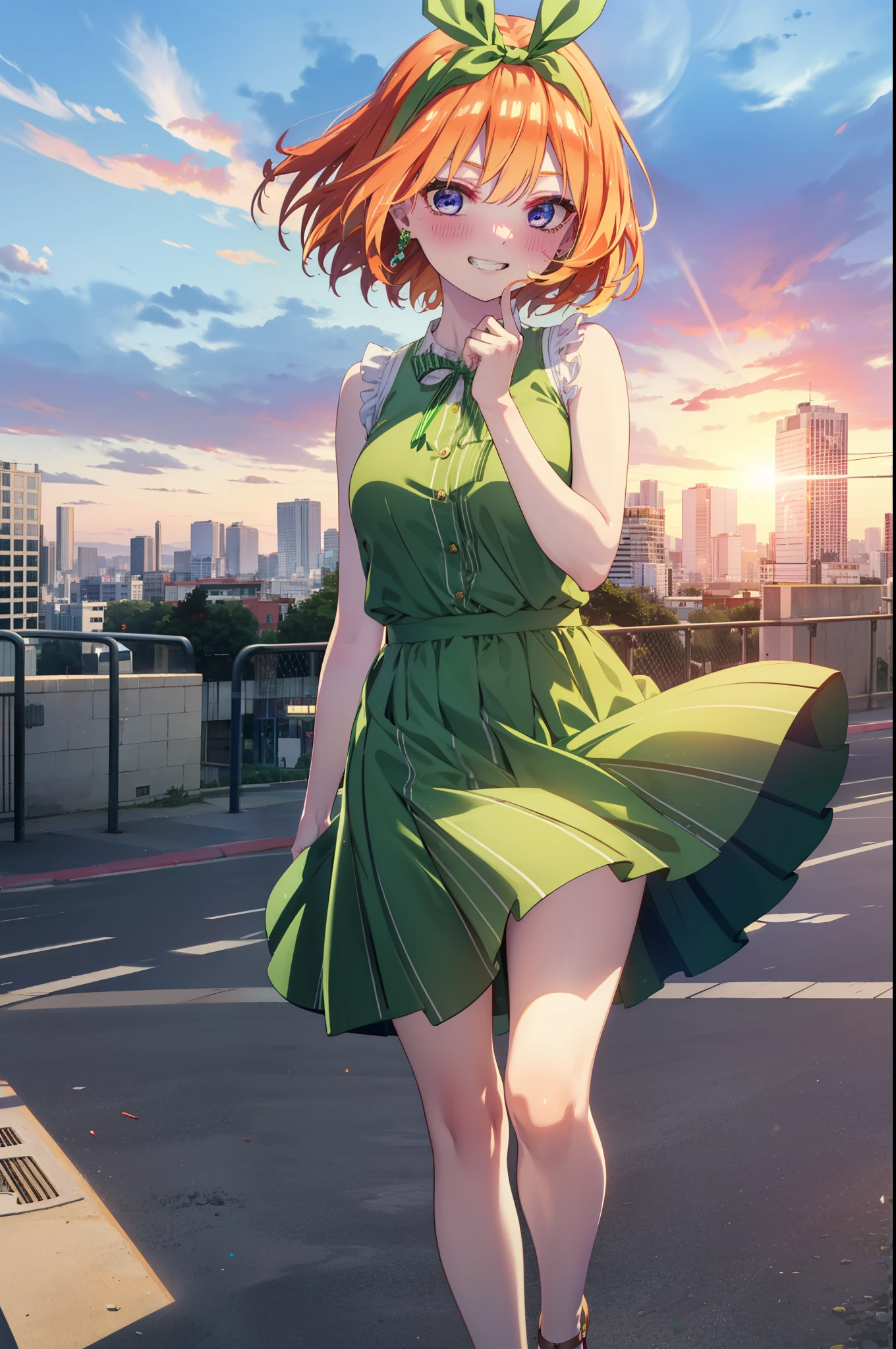 yotsubanakano, yotsuba nakano, bangs, short hair, blue eyes, Hair between the eyes, hair ribbon, hair band, Orange Hair, (Green ribbon:1.5), smile, Grin,smile,Sleeveless green dress,Bare arms,Green long skirt,Cute heeled sandals,sunset,evening,The sun goes down,My hair is blowing in the wind,whole bodyがイラストに入るように,Looking down from above,
break outdoors, city,海岸通り
break looking at viewer, whole body,
break (masterpiece:1.2), highest quality, High resolution, unity 8k wallpaper, (shape:0.8), (Beautiful details:1.6), Highly detailed face, Perfect lighting, Highly detailed CG, (Perfect hands, Perfect Anatomy),