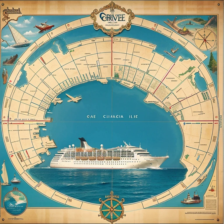 Large cruise map that has fun inside it, Toboggan, piscinas. Mapa de tudo dentro dele. Colorido. De cima.